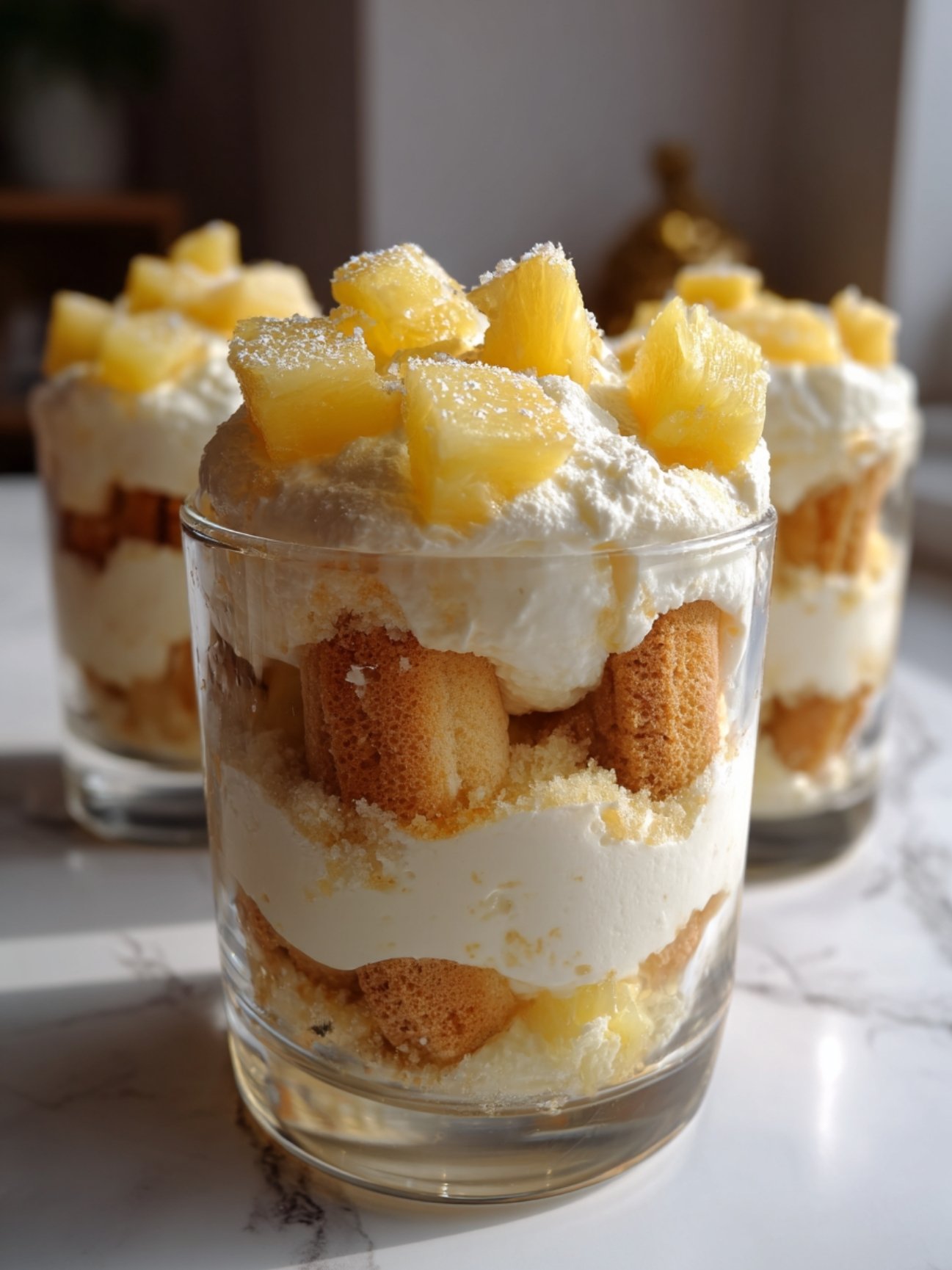 Montage des couches de crème et biscuits dans des verrines avec morceaux d'ananas frais