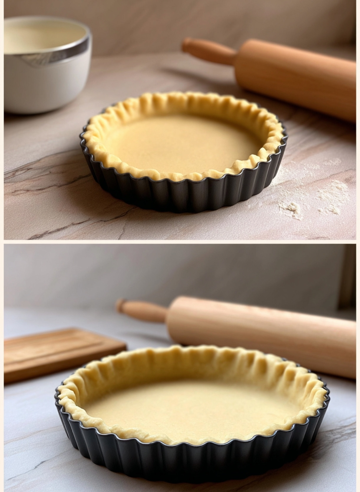 Fonçage de la pâte dans le moule pour le fion vendéen, étape avant le remplissage de la crème