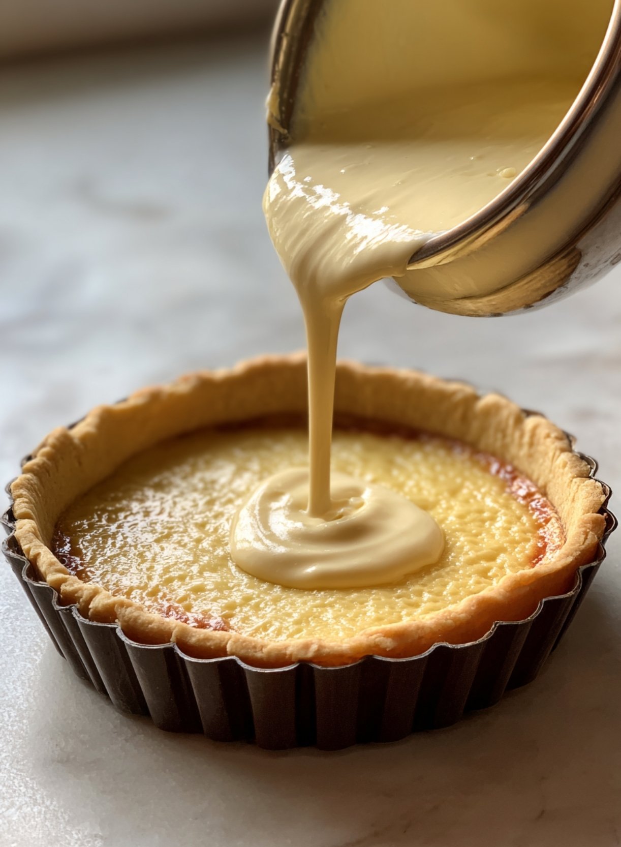 Versement de la crème à la cannelle sur la pâte du fion vendéen avant cuisson au bain-marie