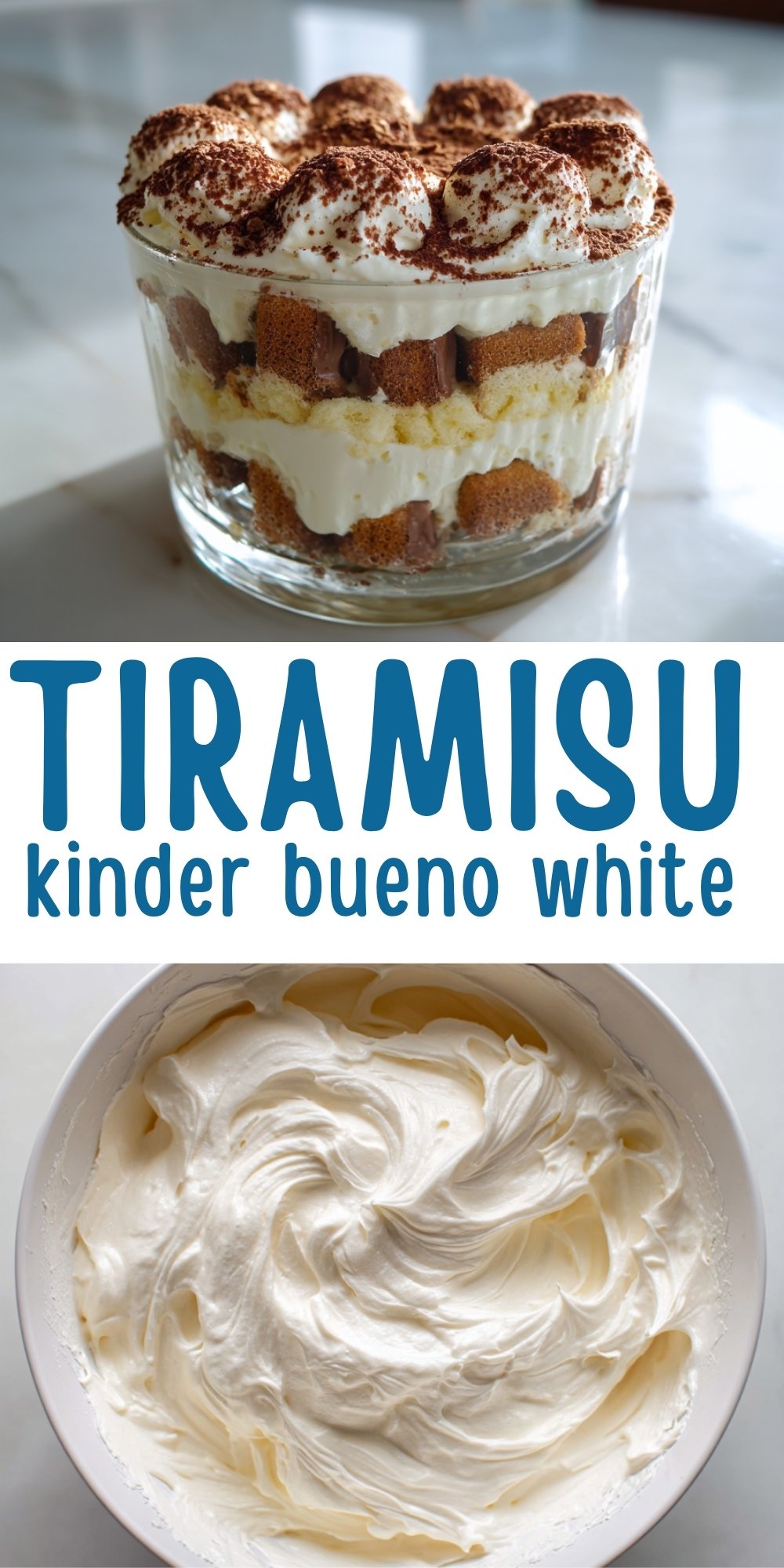 Montage photo présentant la recette du tiramisu Kinder Bueno White et sa texture crémeuse.