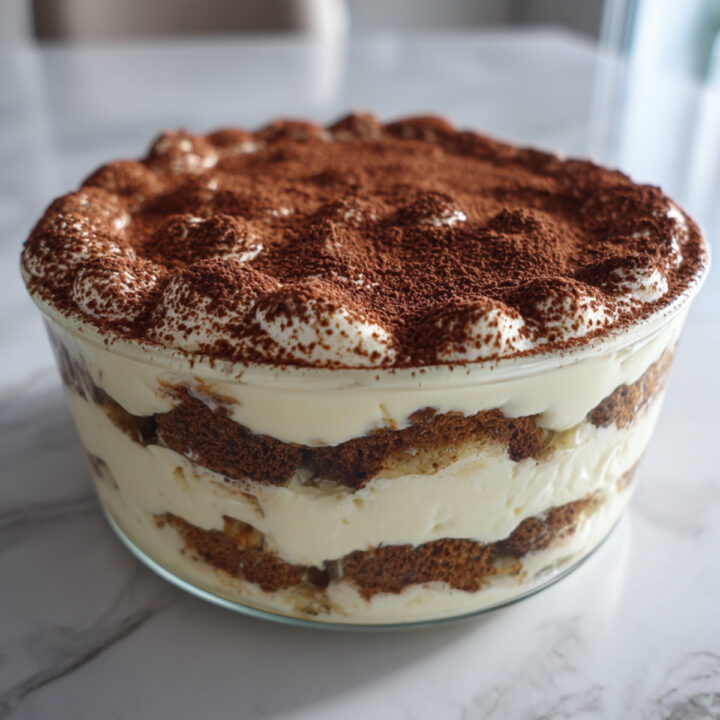 Tiramisu maison sans blanc en neige bien crémeux présenté dans un plat transparent.