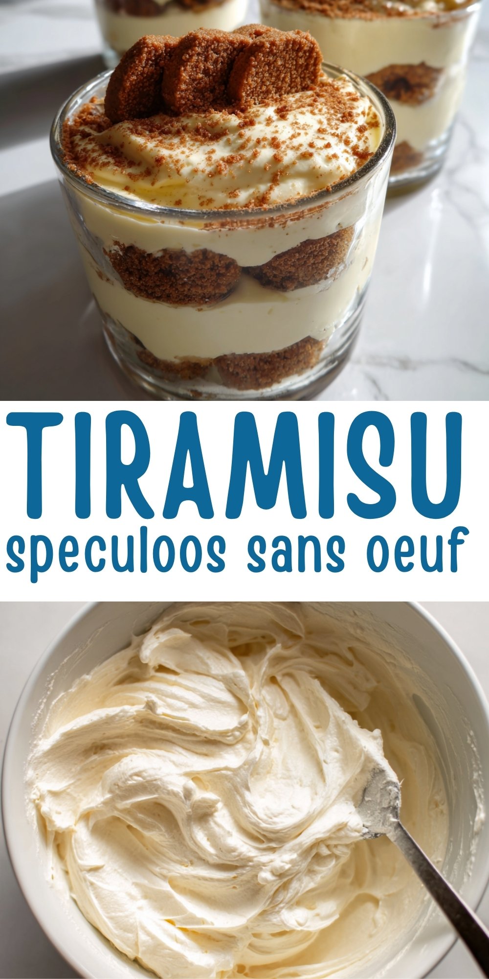 Épinglée Pinterest avec titre "Tiramisu speculoos sans oeuf" montrant des verrines gourmandes et une crème onctueuse au mascarpone.