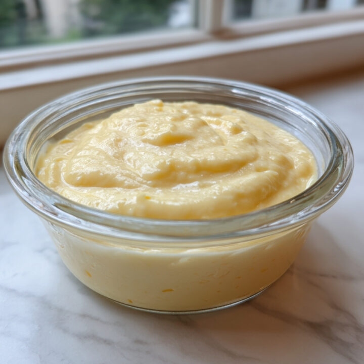 Crème pâtissière à la vanille terminée, présentée dans un bol en verre sur un plan de travail en marbre.