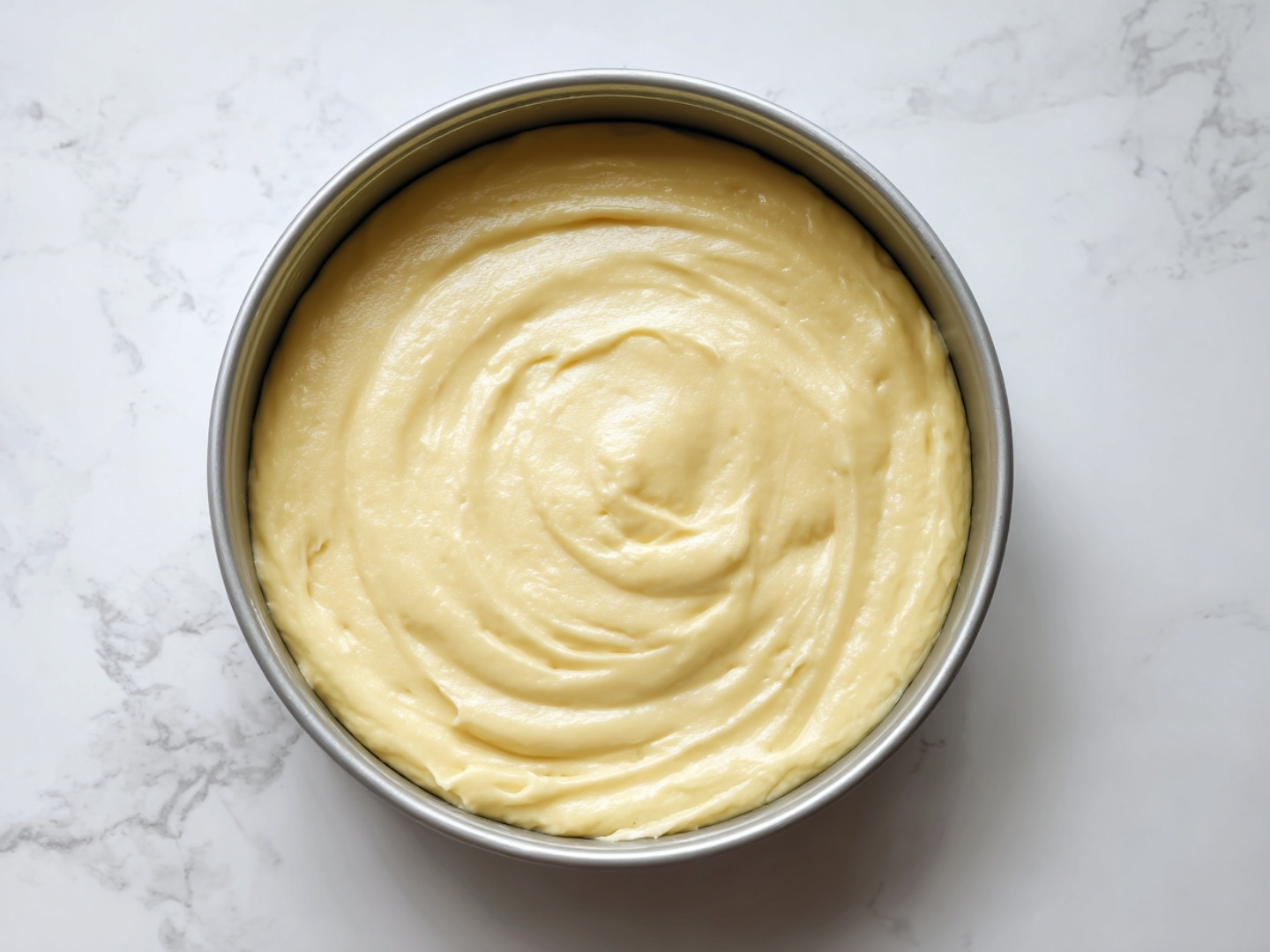 Pâte à gâteau lisse et onctueuse versée dans un moule rond métallique, prête à être enfournée à 180 degrés.