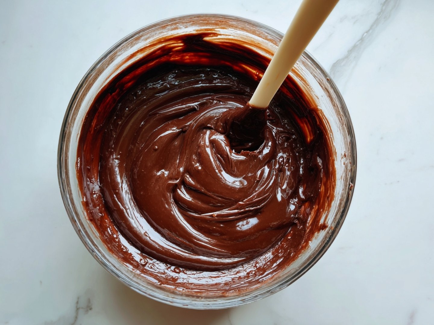 Mélange lisse et brillant de chocolat noir fondu et de beurre dans un saladier en verre.