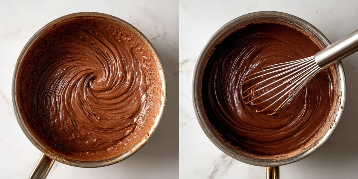 exture brillante et lisse de l'appareil à flan au chocolat dans un saladier après l'ajout du chocolat fondu.