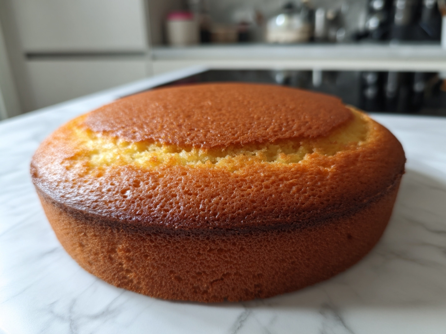 Le gâteau simple et rapide à la sortie du four, parfaitement doré, gonflé et démoulé sur un plan de travail.