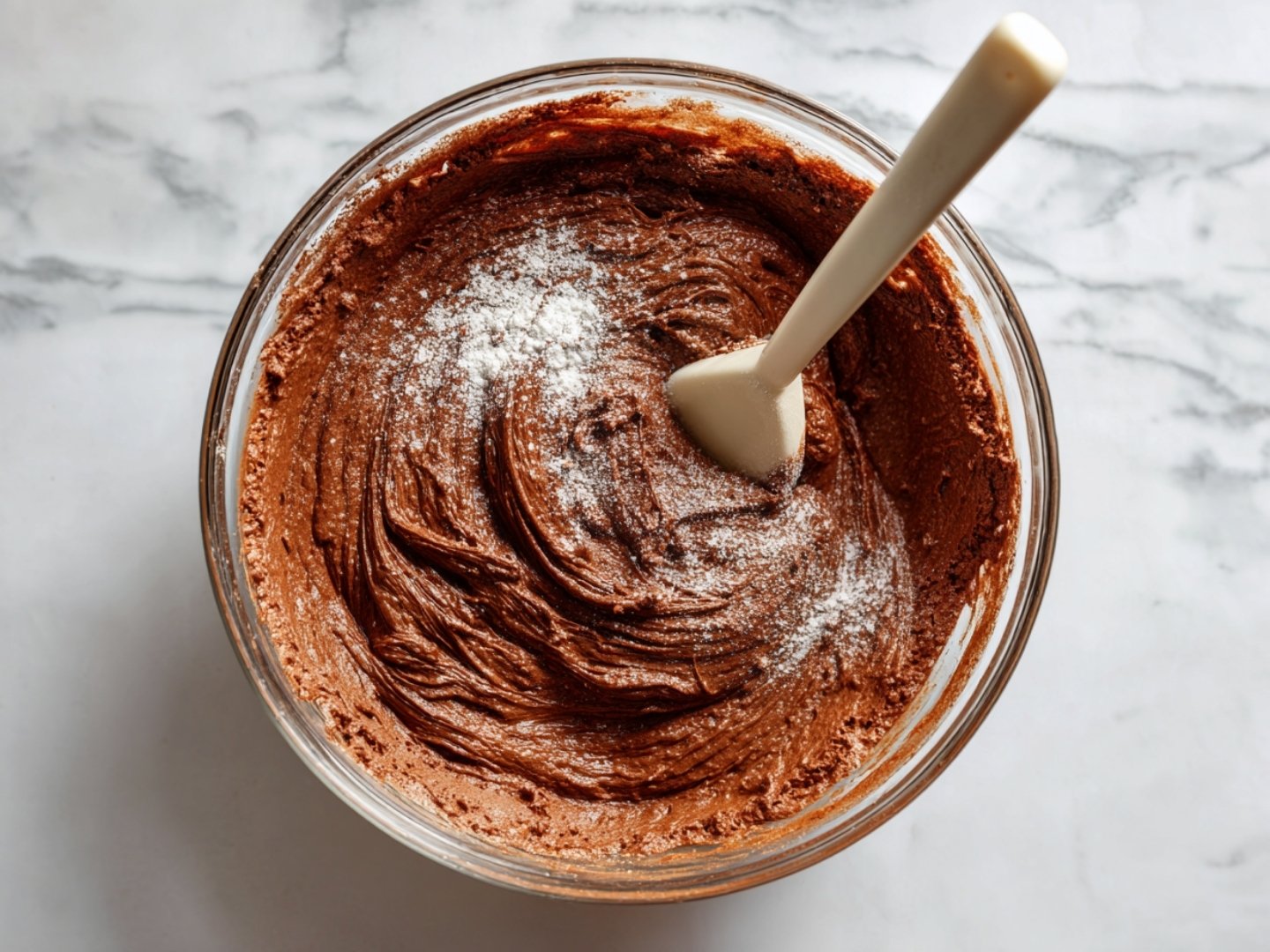 Incorporation de la farine tamisée dans la pâte à brownie au chocolat avec une spatule.