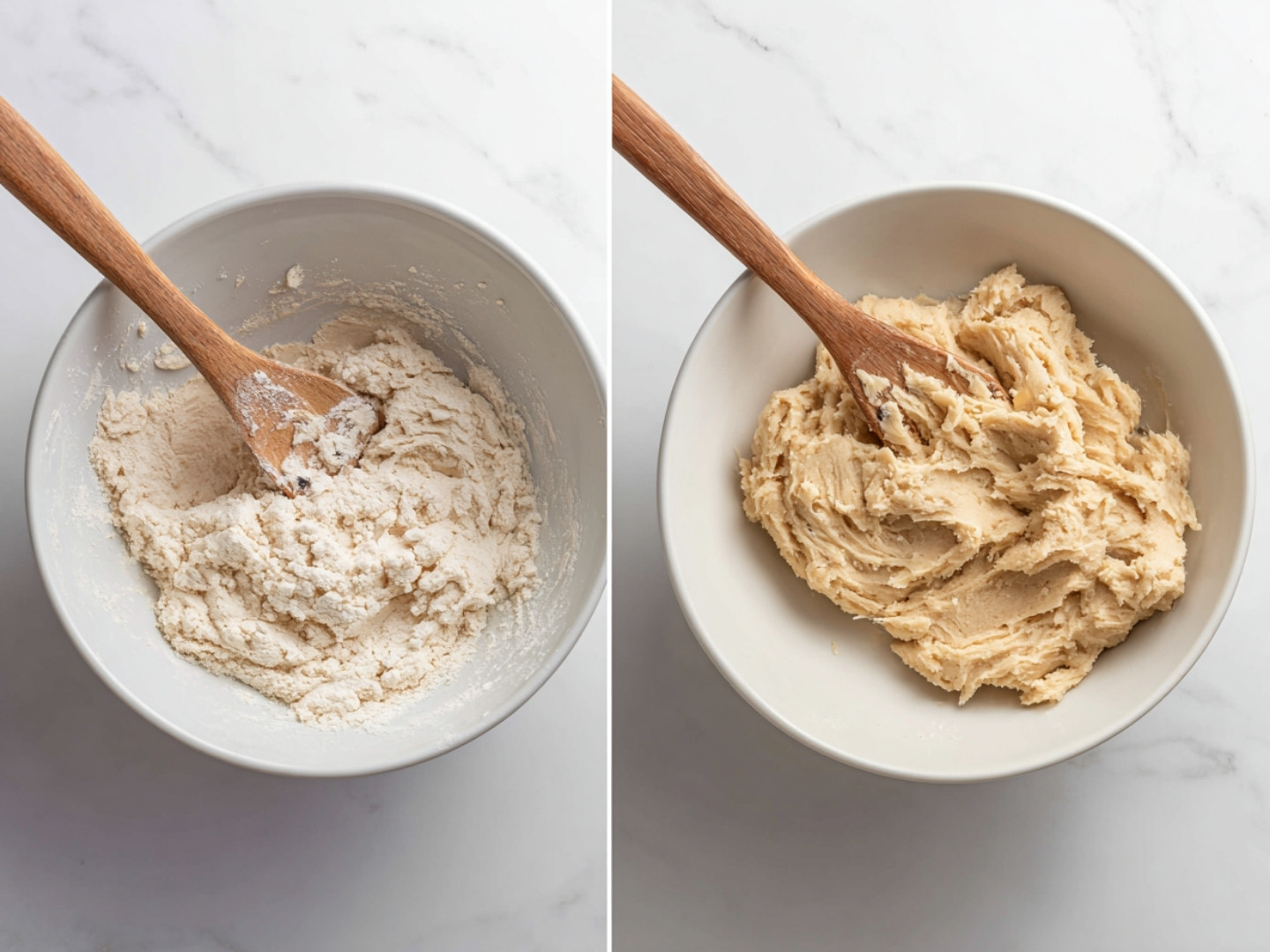 Incorporation de la farine et de la levure pour obtenir des cookies gonflés et inratables.