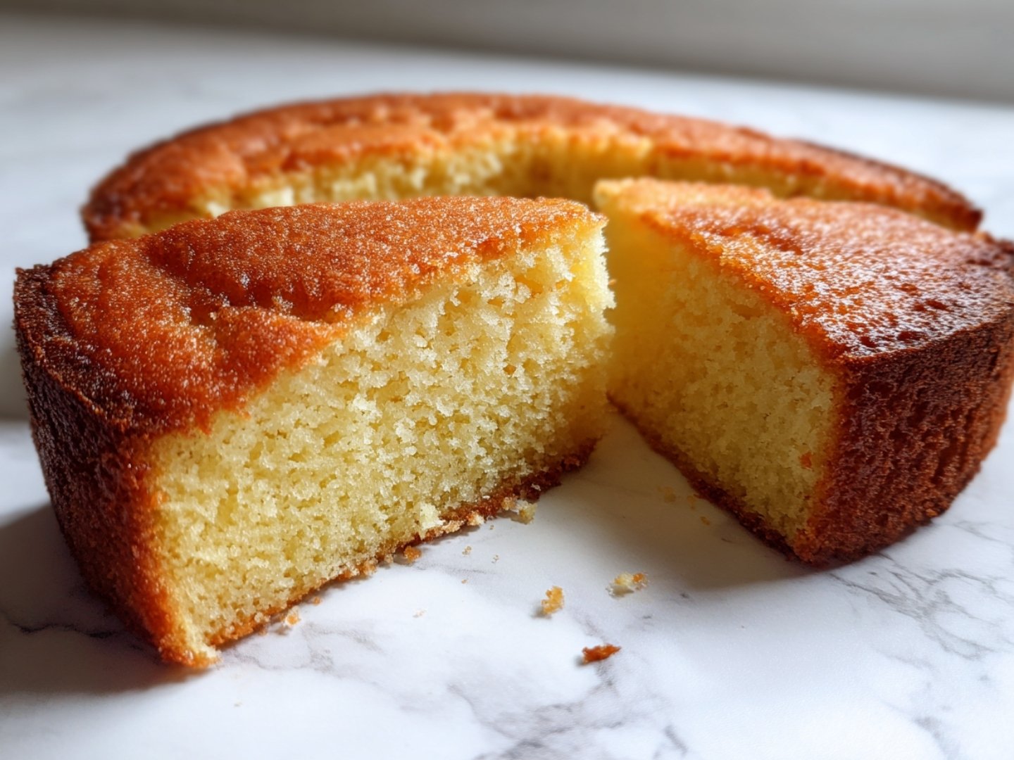 Vue de profil du gâteau moelleux dont une part a été découpée, révélant une mie tendre et régulière.