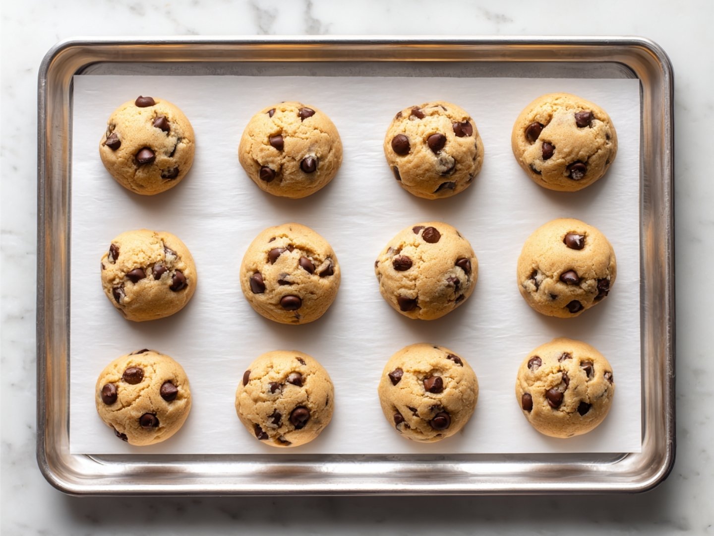 Formation des boules de pâte sur plaque avant la cuisson des cookies au chocolat.