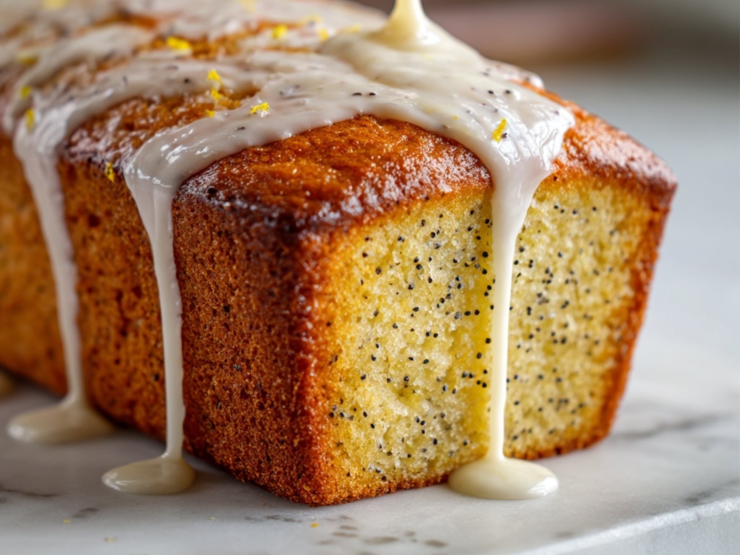 Nappage du glaçage acidulé sur un cake citron pavot moelleux.