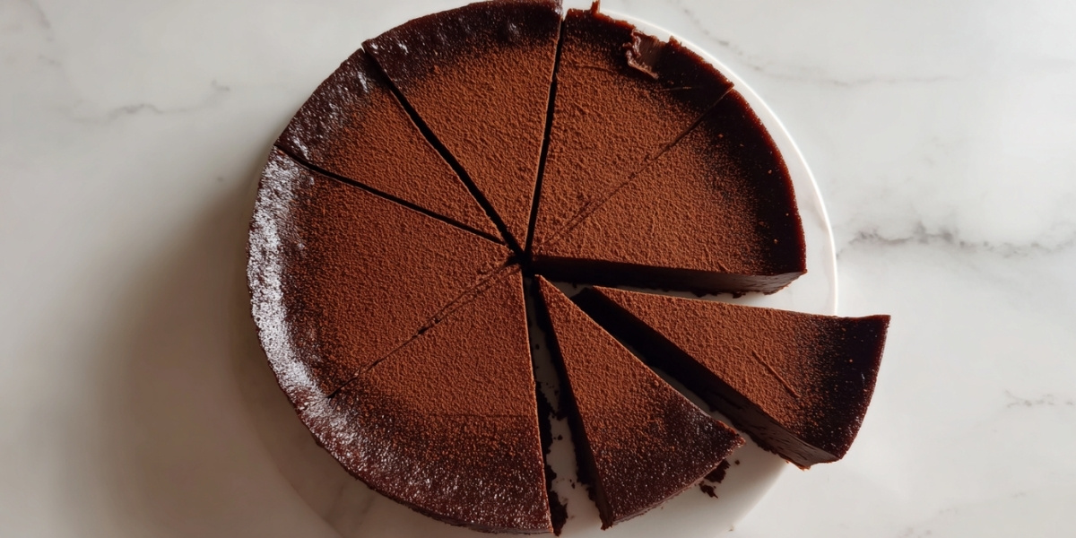 Flan au chocolat saupoudré de cacao, coupé en parts égales sur un plan de travail en marbre blanc.