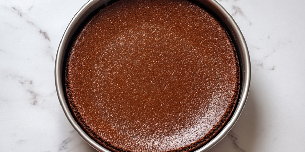 Préparation du flan au chocolat au fouet et une part déjà servie sur une petite assiette blanche.