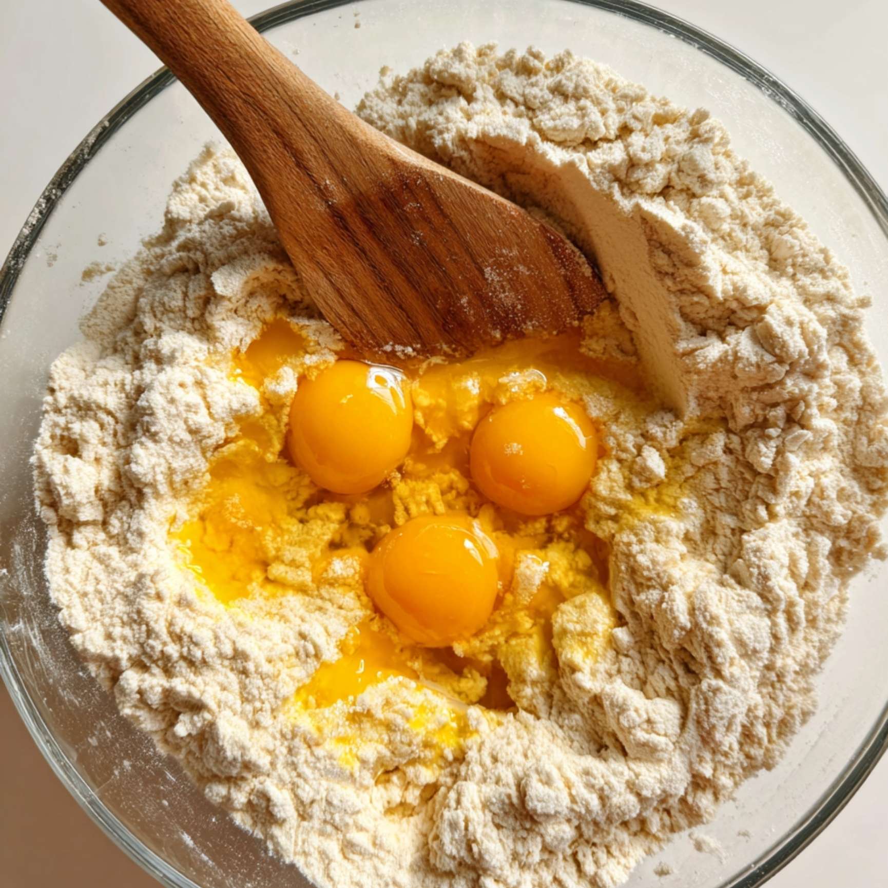 Ingrédients du gâteau battu avec farine et jaunes d'œufs dans un saladier, étape clé de la recette traditionnelle