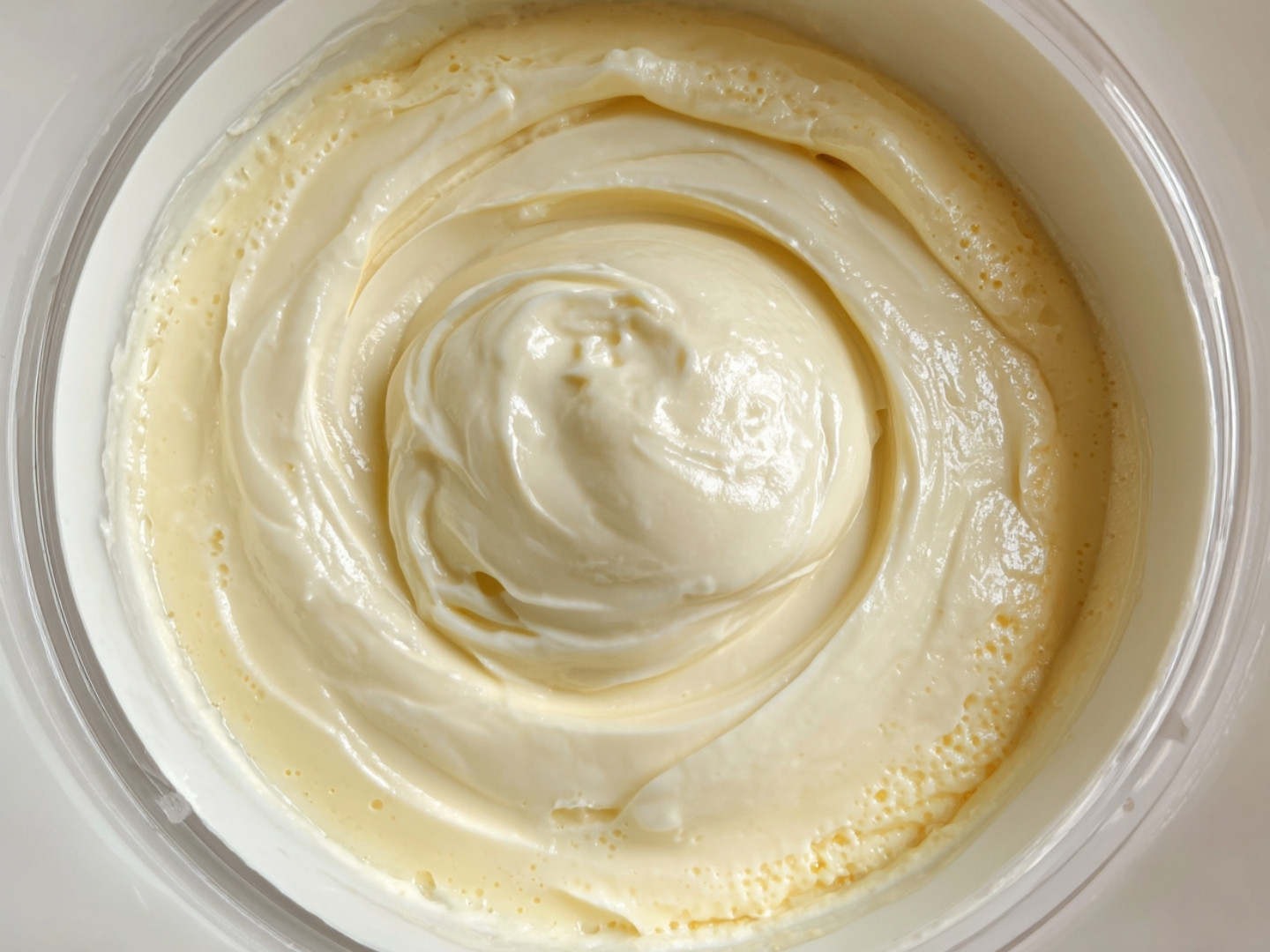 Texture lisse et onctueuse de l'appareil à flan après la cuisson dans le bol du robot.