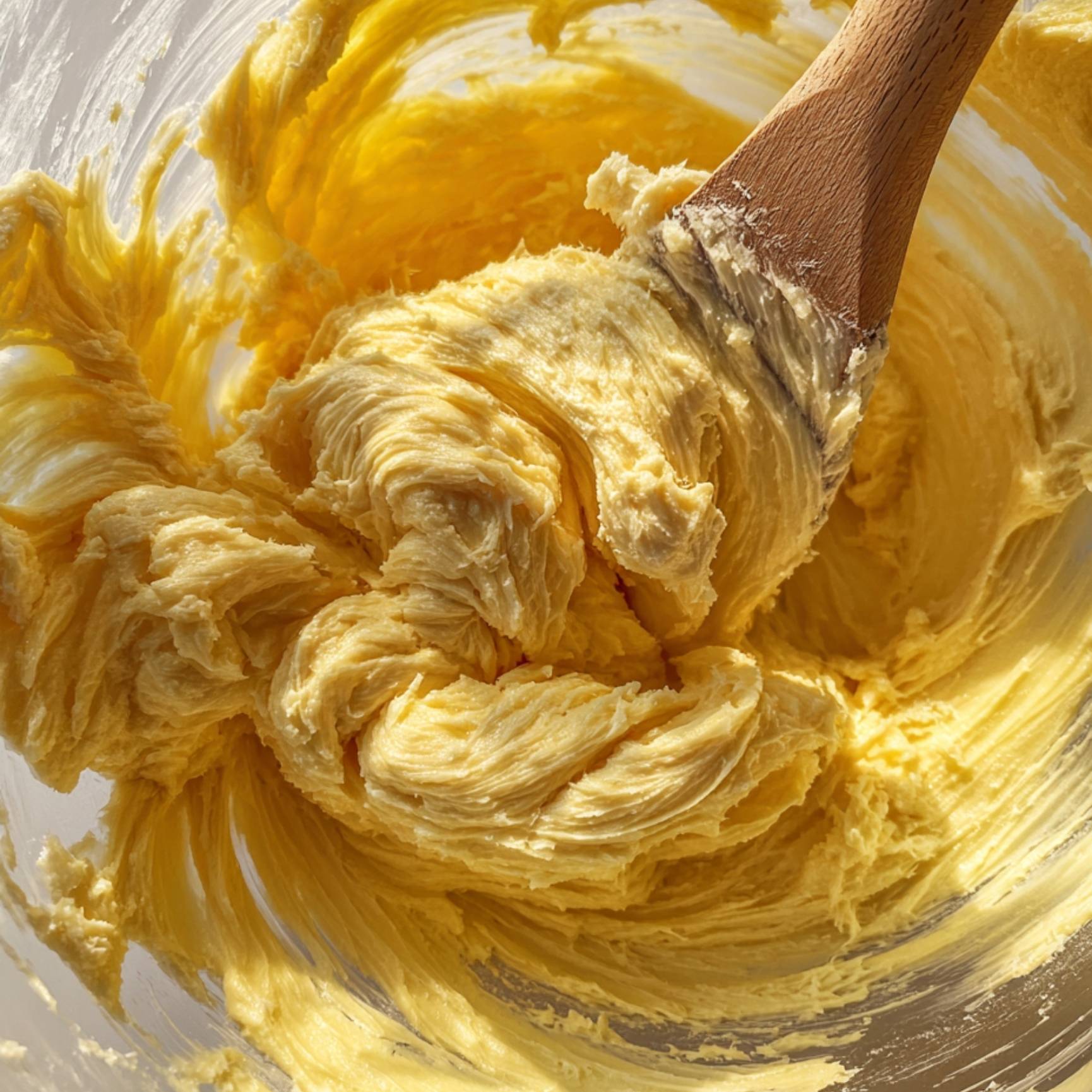 Pâte de gâteau battu en cours de préparation, battue longuement avec une spatule pour obtenir une texture aérienne