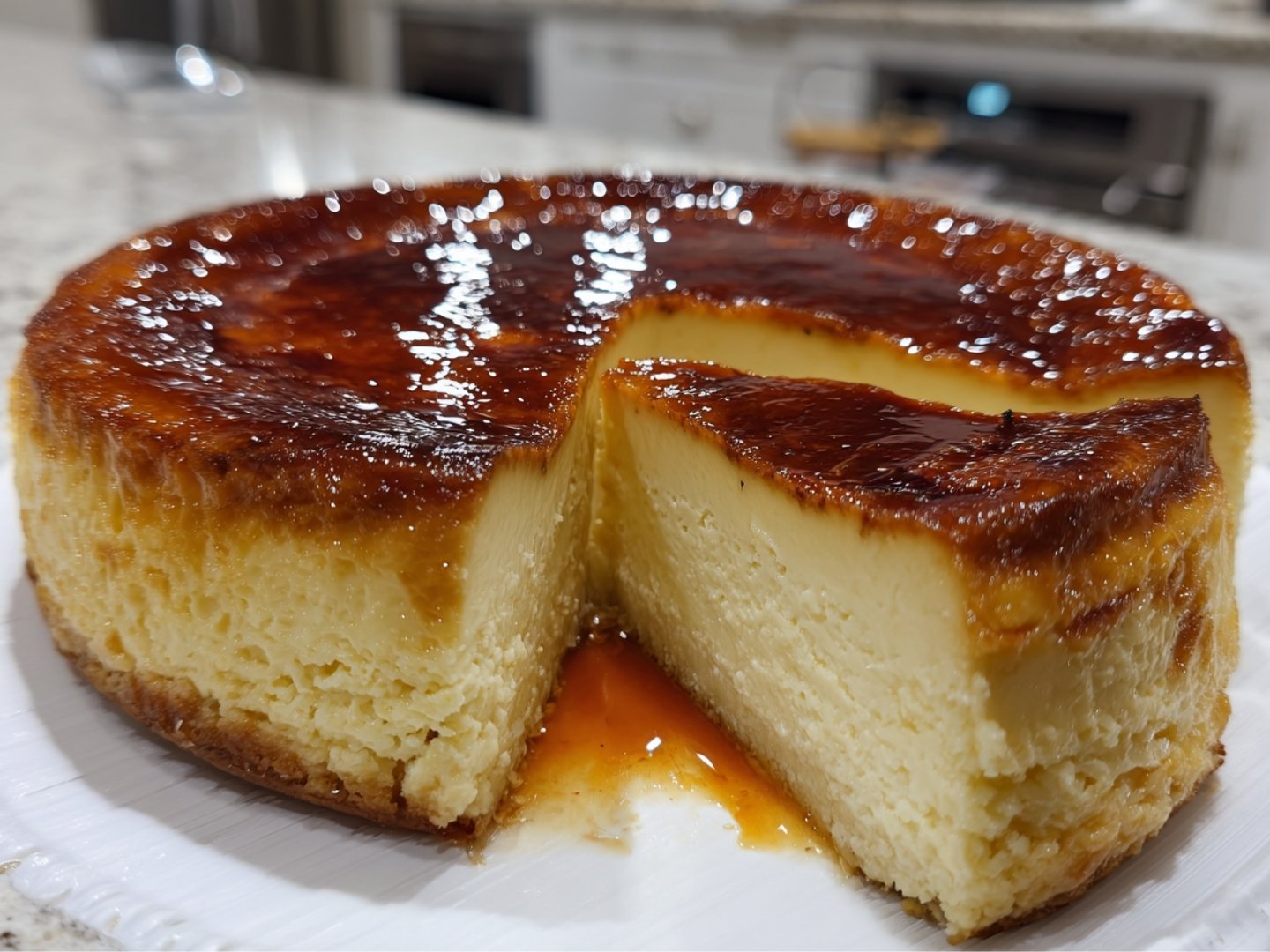 Vue d'ensemble d'un flan pâtissier Thermomix entier avec une part découpée révélant une texture crémeuse et un nappage caramel.