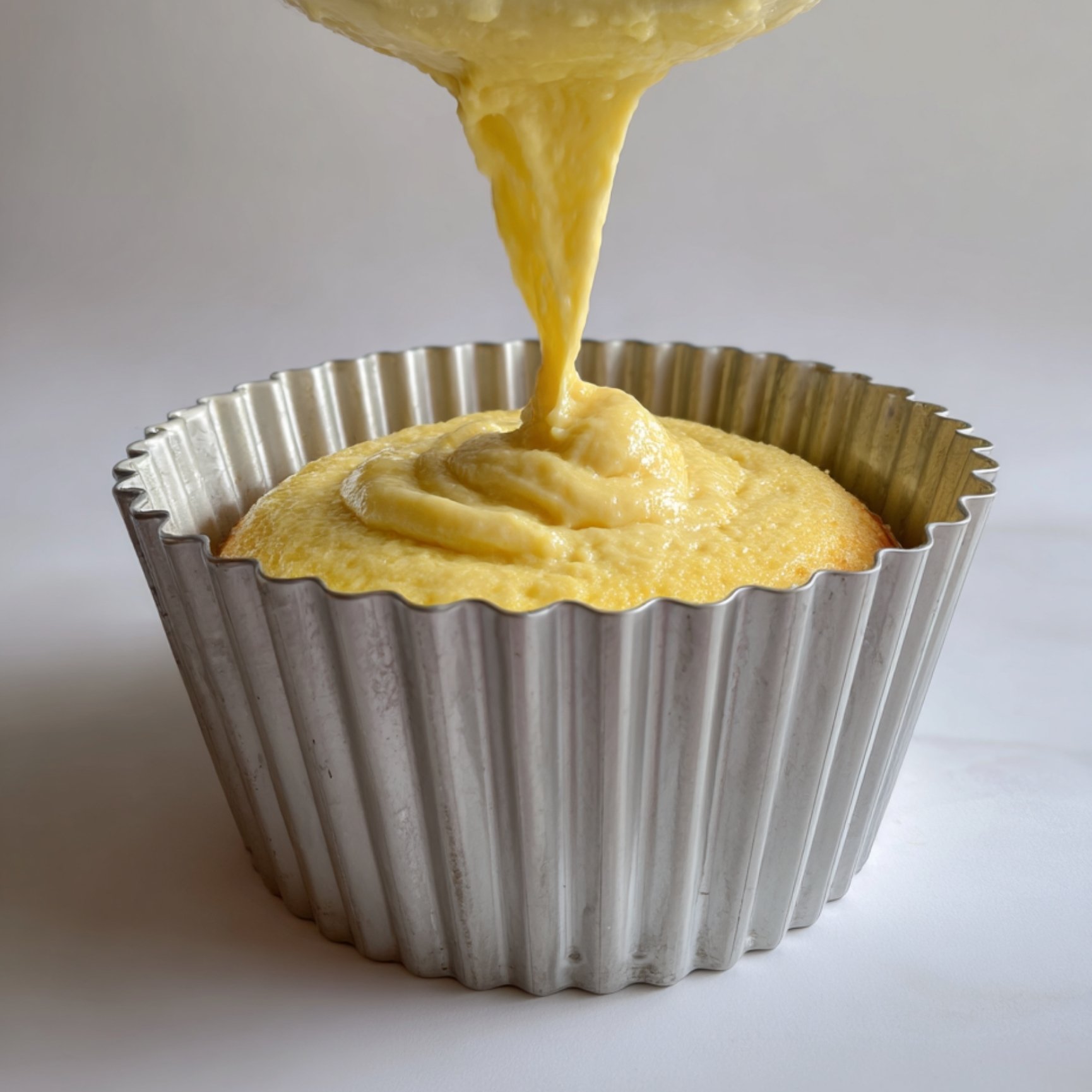 Pâte à gâteau battu versée dans un moule cannelé avant cuisson, montrant une texture épaisse et lisse