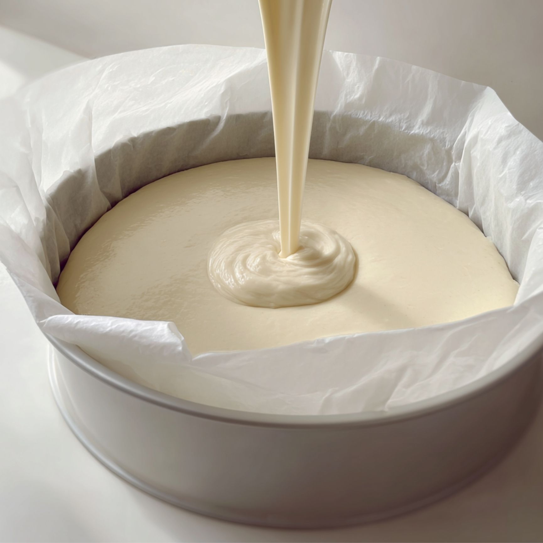 Pâte de gâteau au yaourt sans huile versée dans un moule rond chemisé de papier cuisson