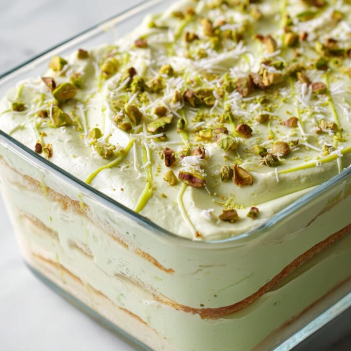 Tiramisu à la pistache terminé avec éclats de pistaches et chocolat blanc.
