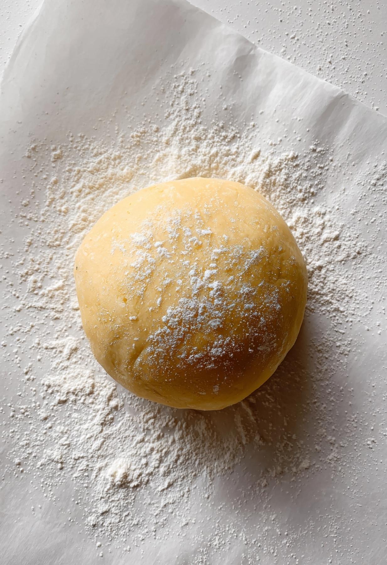 Boule de pâte brisée maison sur un plan de travail fariné pour une tarte aux fruits traditionnelle