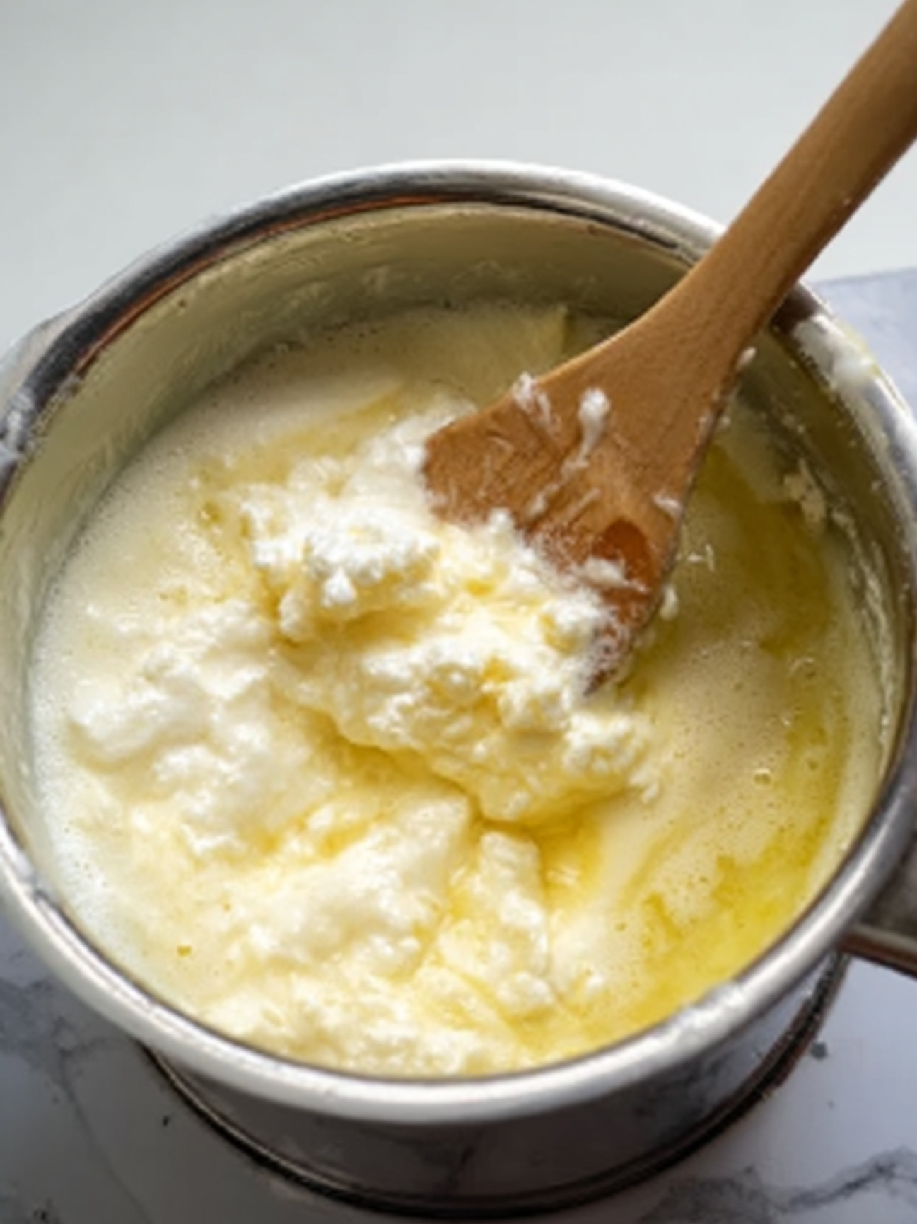 Cuisson du mélange beurre, lait et eau dans une casserole pour la base de la panade.