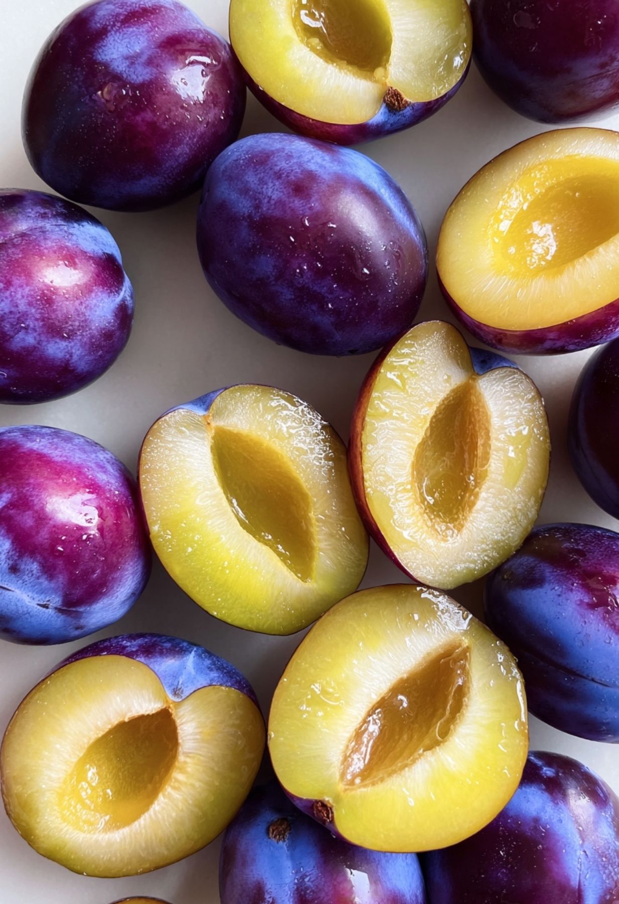 Prunes fraîches coupées en deux et dénoyautées prêtes à garnir une tarte à l'ancienne