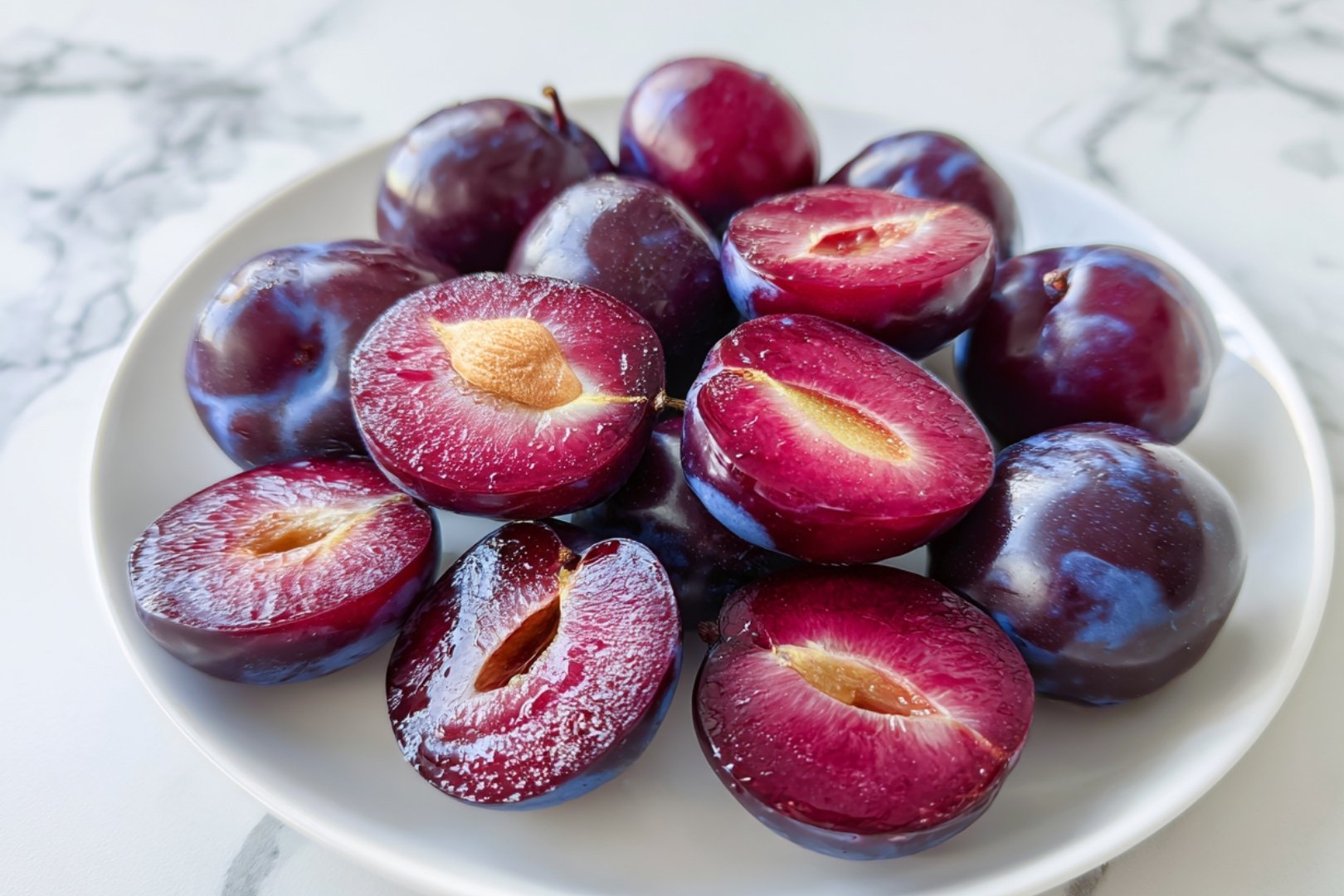 Prunes fraîches coupées en deux pour garniture de tarte