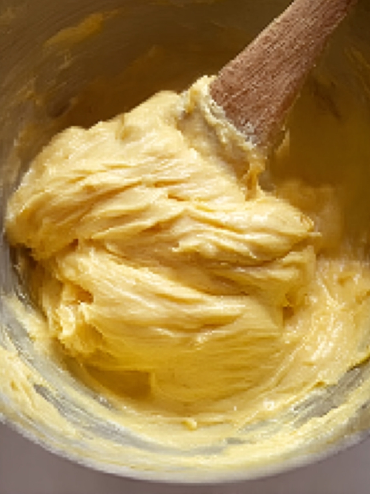 Mélange de la pâte à choux lisse et brillante avec une spatule en bois dans un bol.
