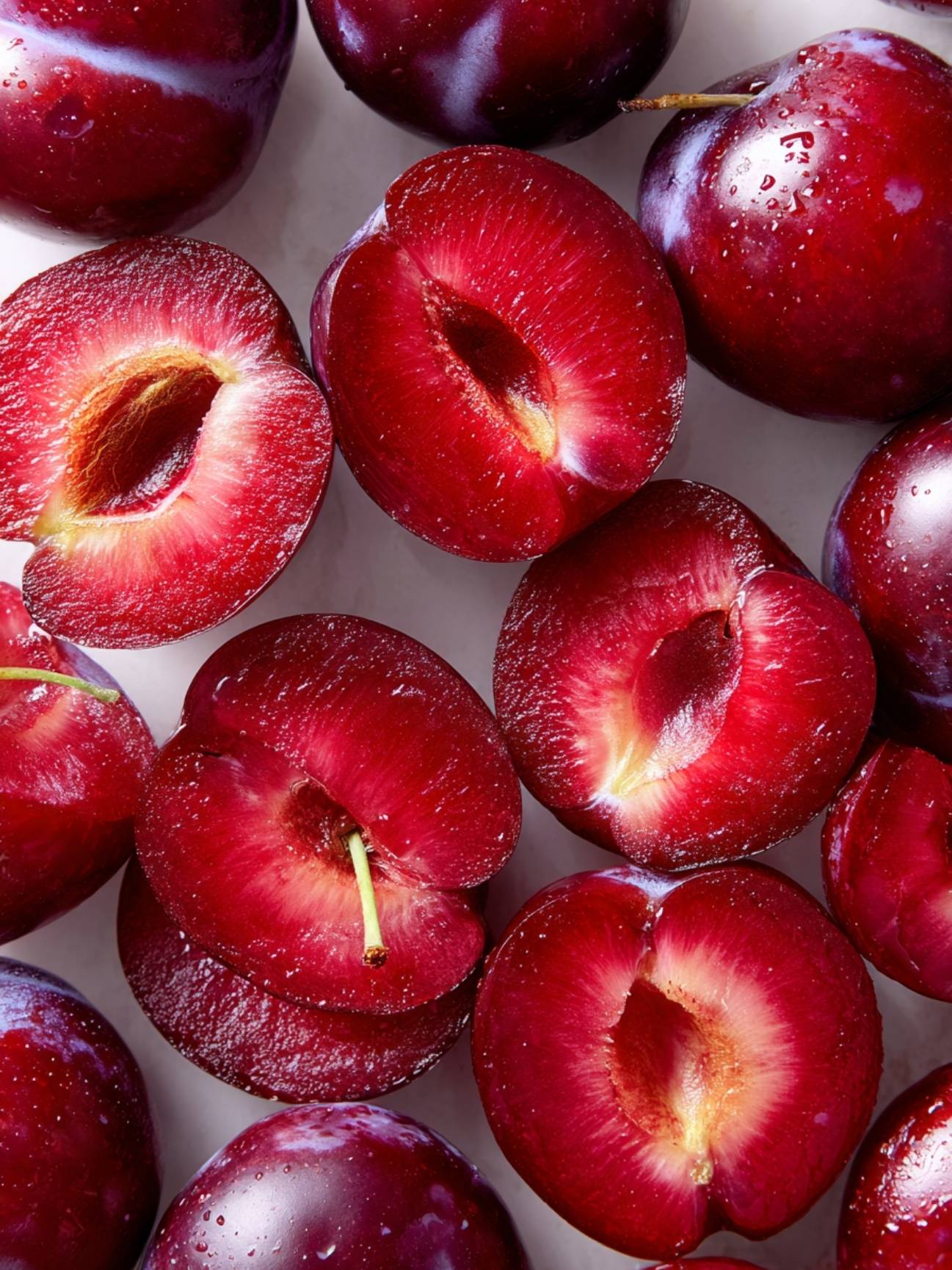 Gros plan sur prunes rouges fondantes sur tarte