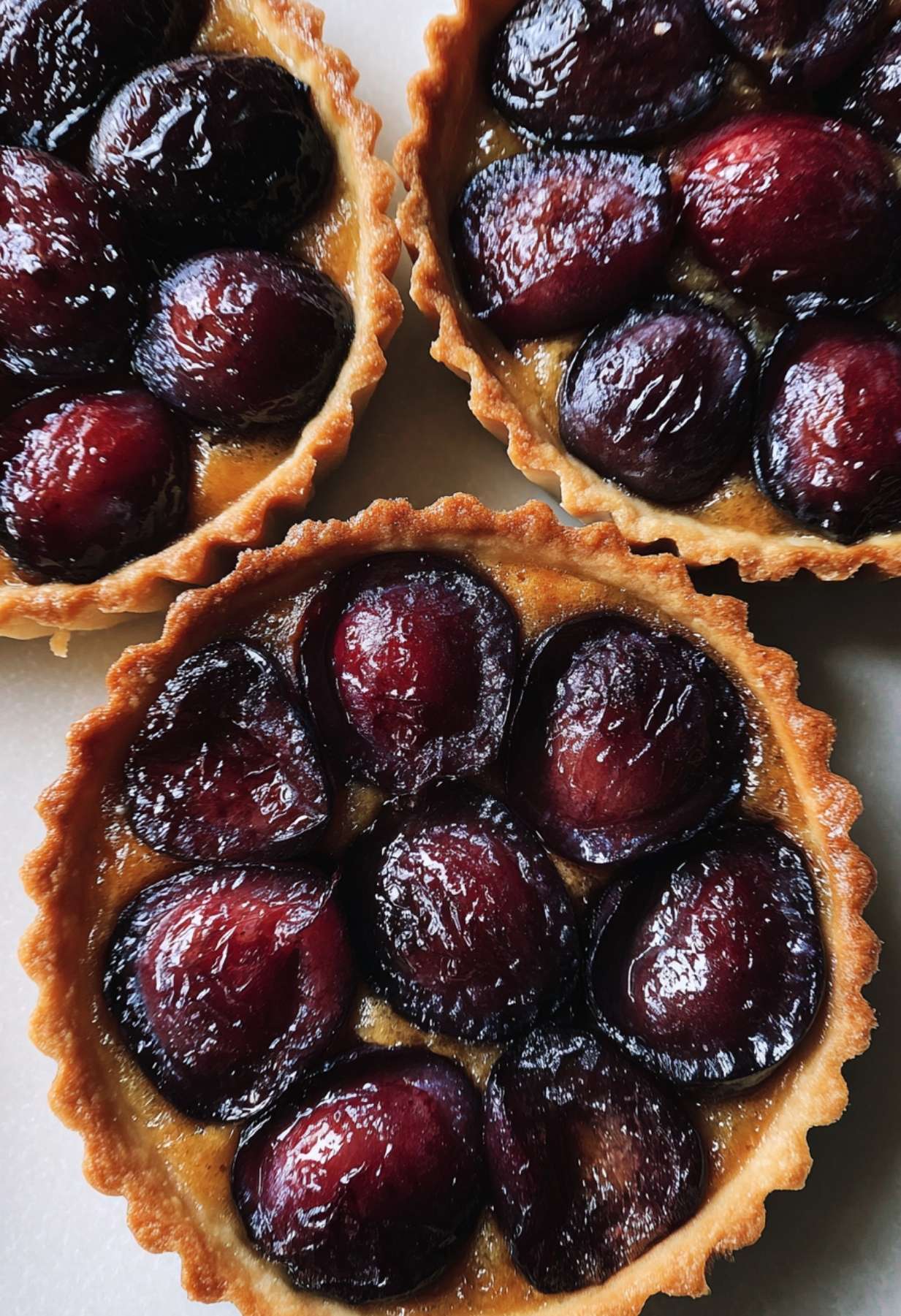Petites tartes aux prunes individuelles sortant du four avec des fruits fondants et dorés