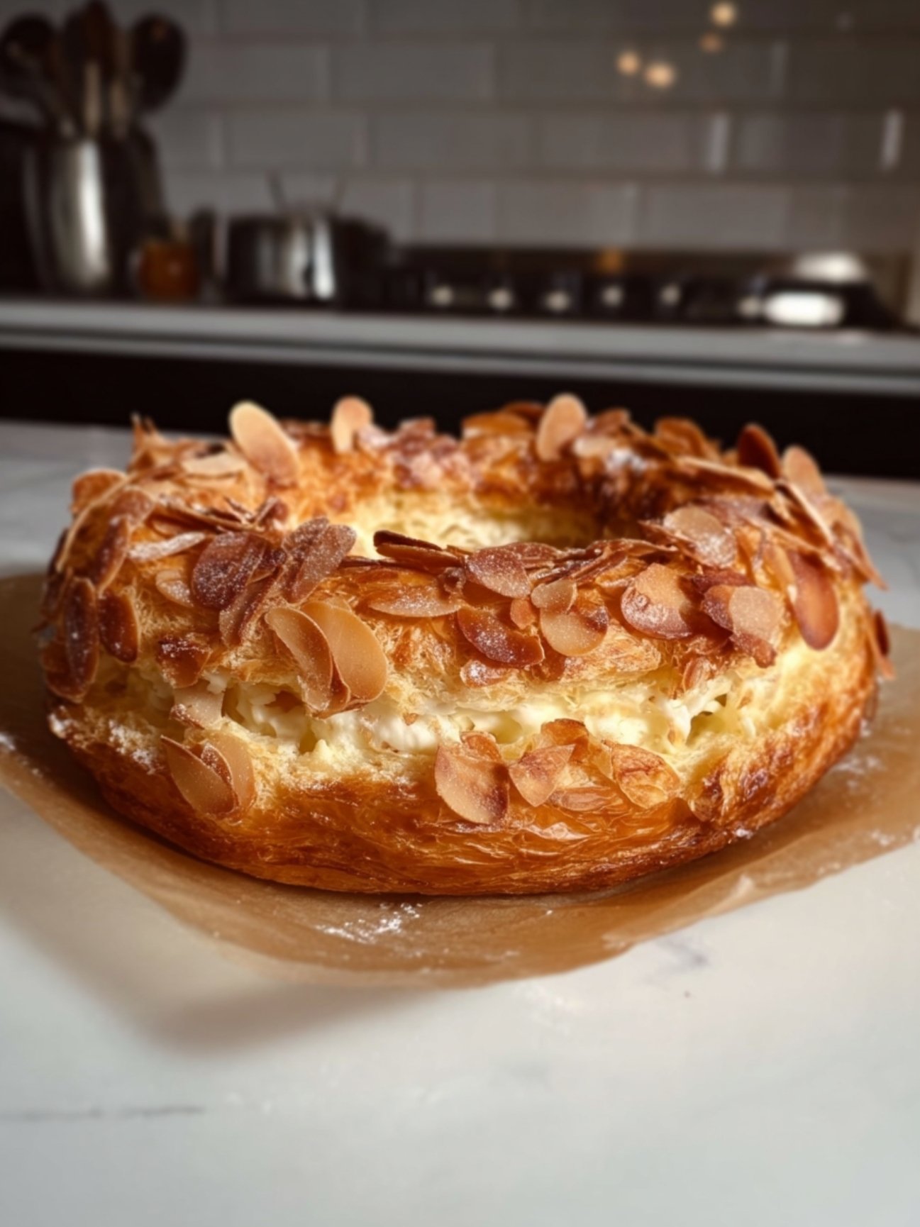 Couronne de Paris-Brest dorée à la sortie du four sur papier cuisson.