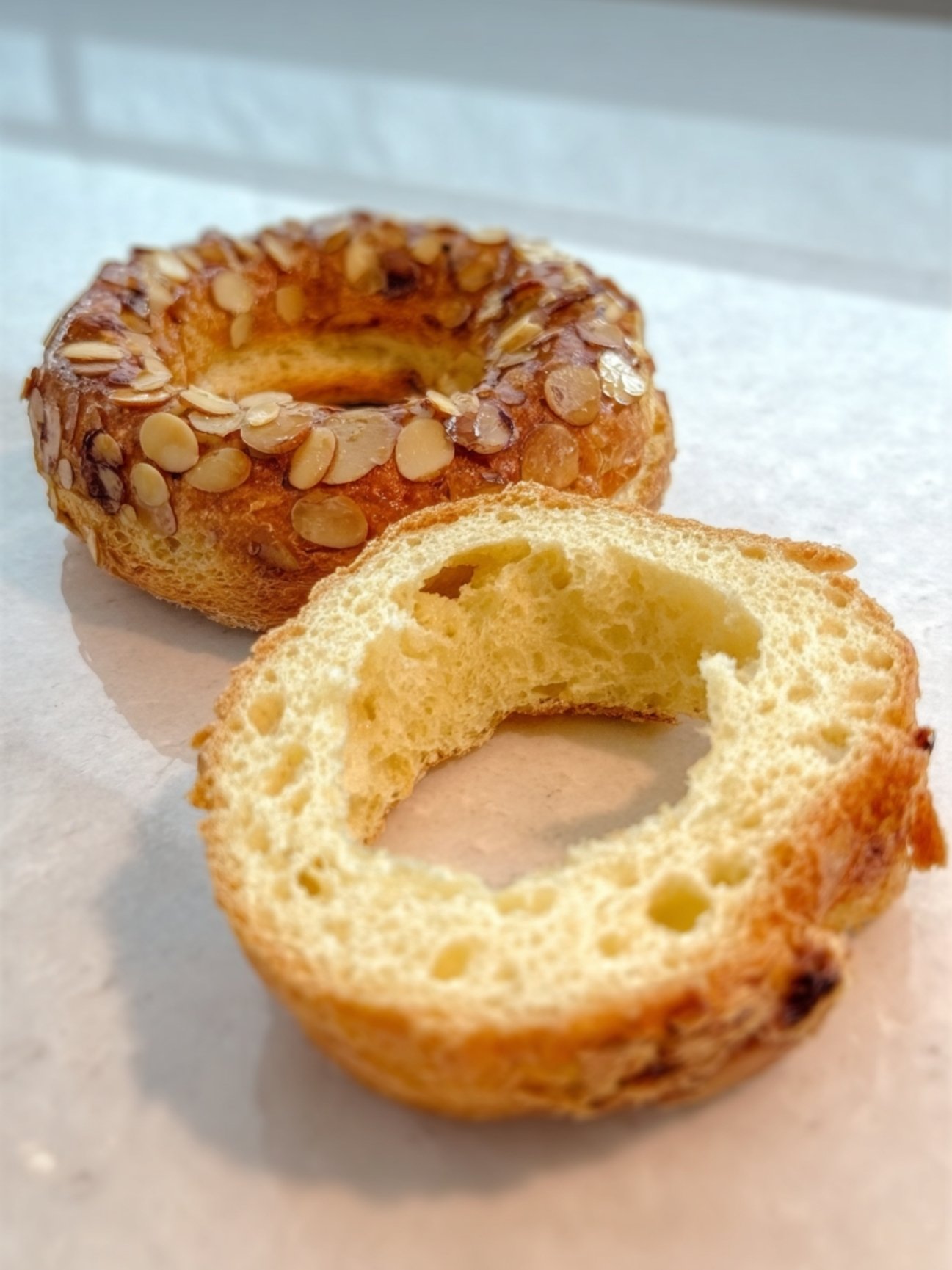 Couronne de pâte à choux coupée en deux révélant une mie légère et alvéolée.