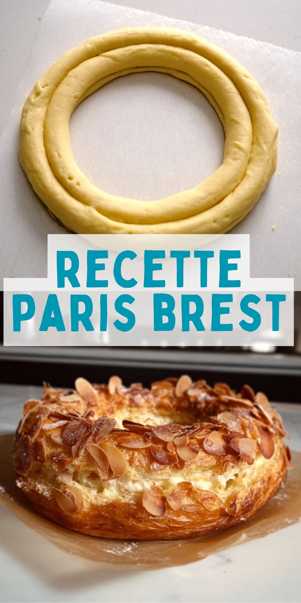 Pâte à choux crue pochée en couronne et gâteau Paris-Brest cuit aux amandes.