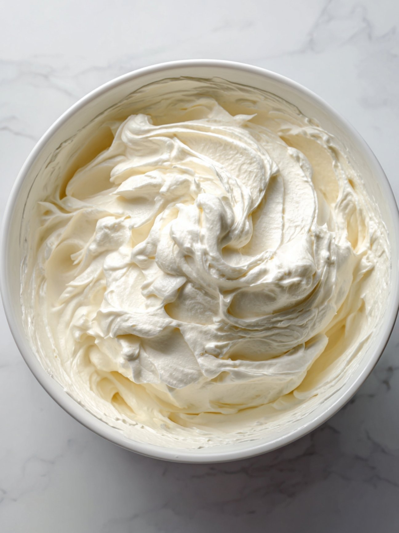 Crème liquide entière montée en chantilly ferme dans un bol blanc pour la base du tiramisu.