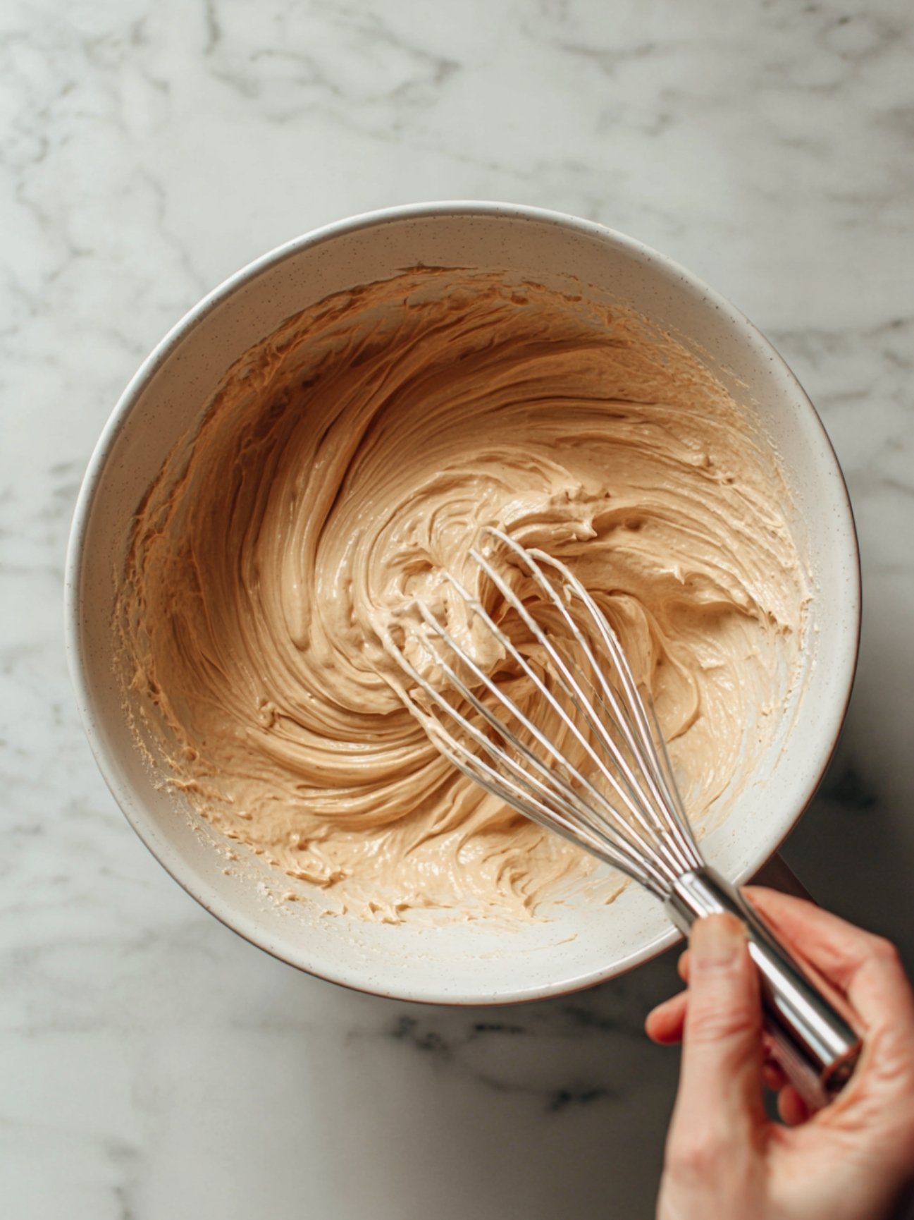 Mélange crémeux de mascarpone et sucre glace dans un bol blanc avec un fouet manuel.