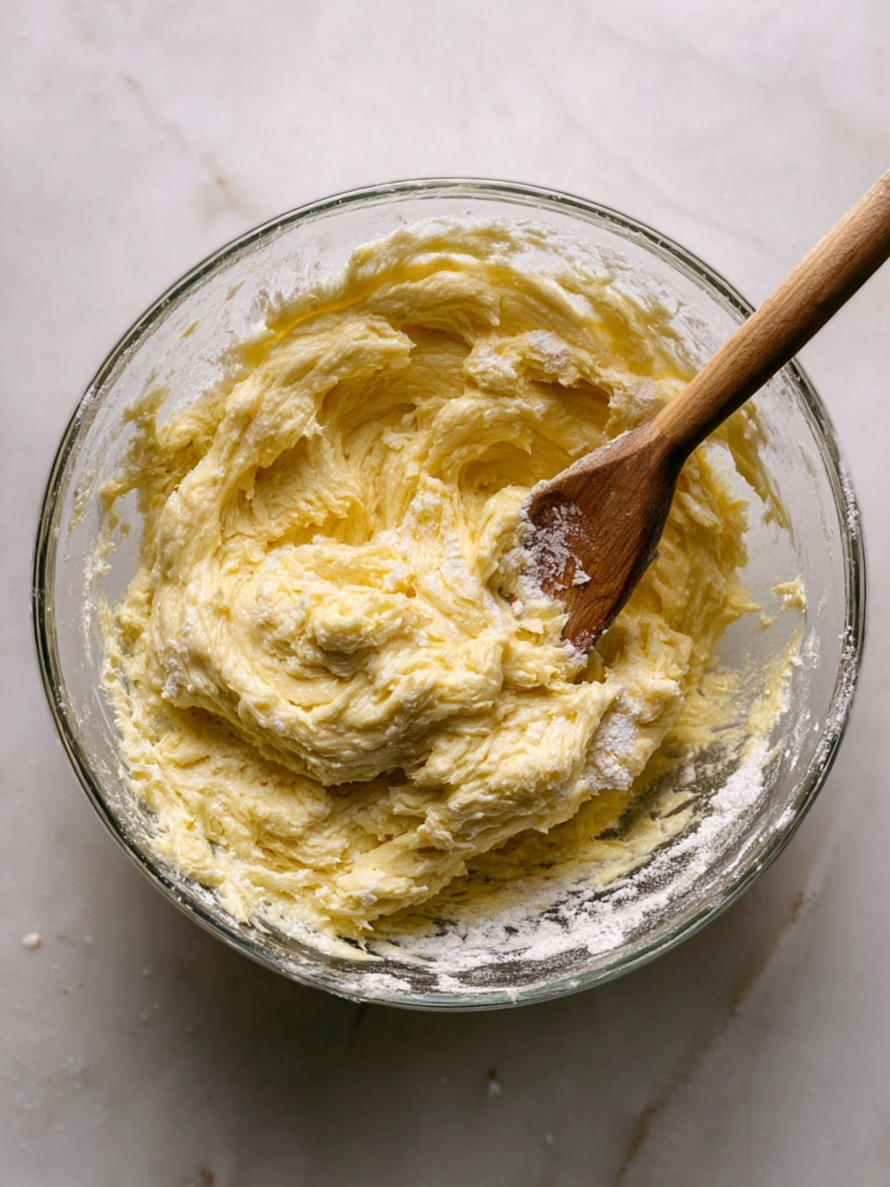 Ajout de la farine à la pâte à cake dans un saladier.