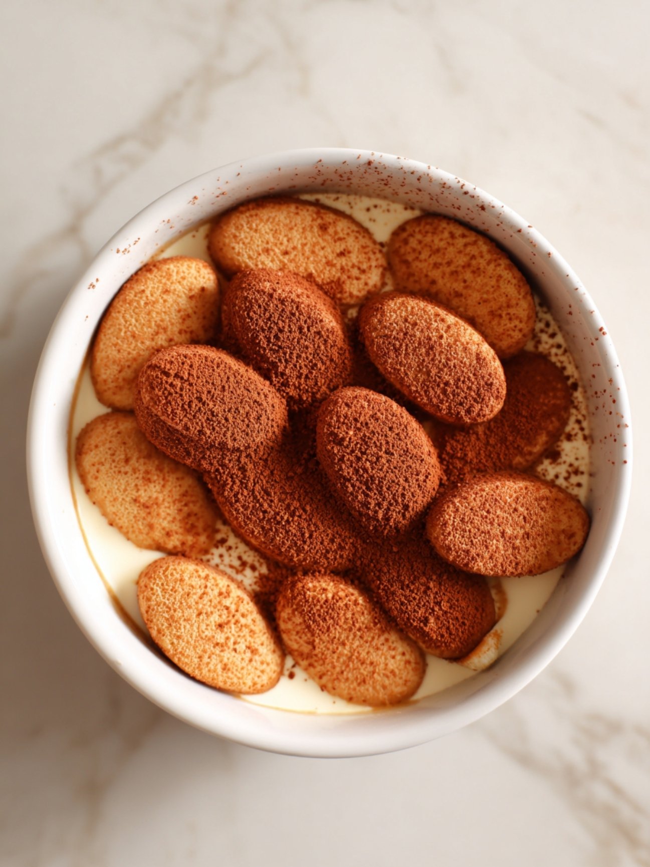 Montage des biscuits à la cuillère imbibés de café dans un plat rond pour un tiramisu maison.