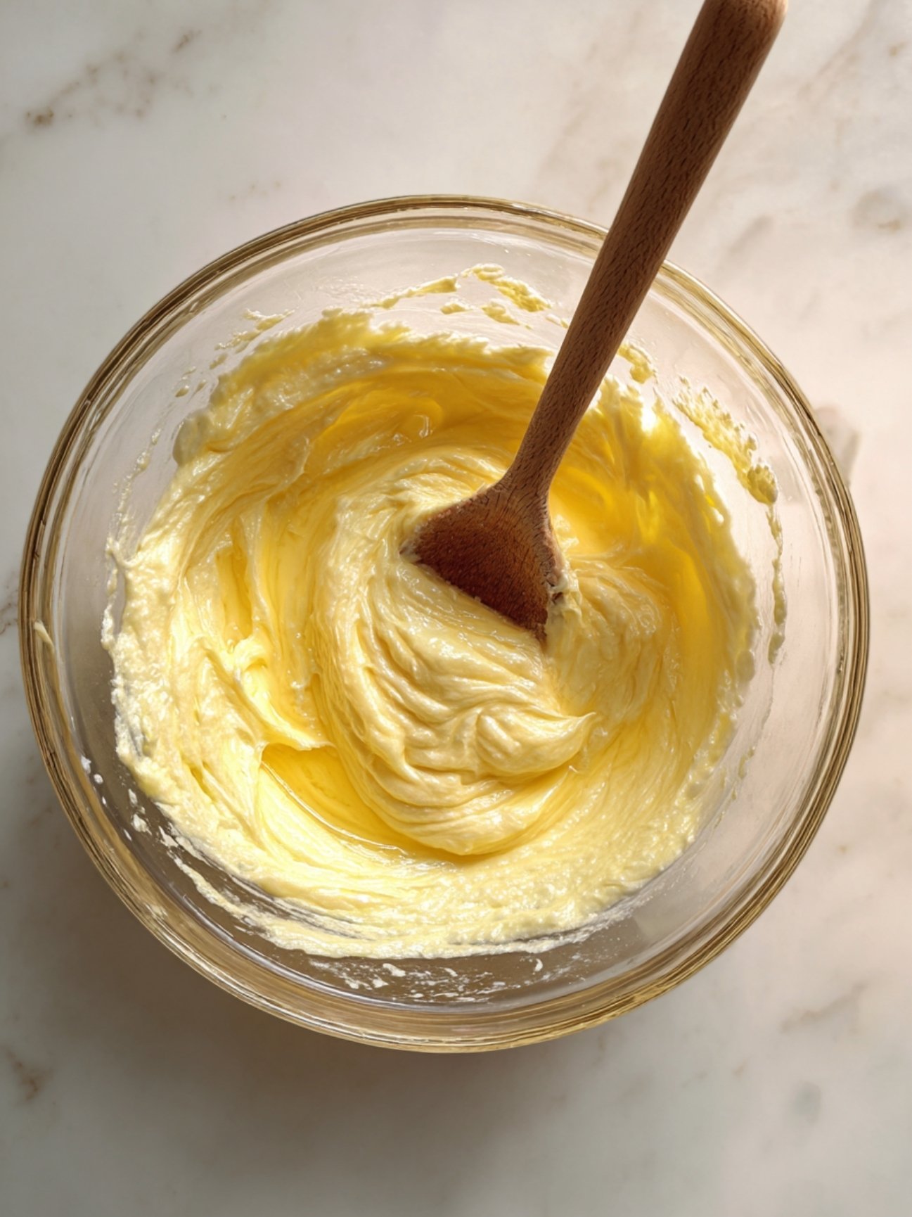 Pâte à cake au citron lisse et homogène dans un bol en verre.