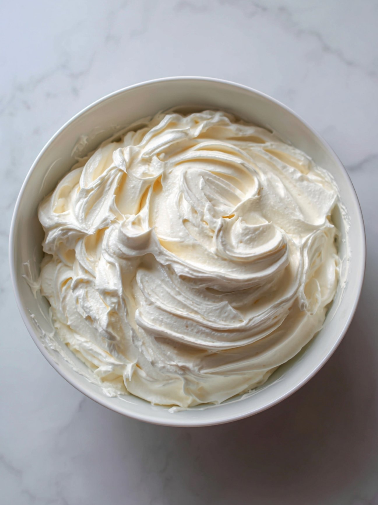 Crème chantilly maison bien ferme et aérienne dans un saladier blanc.