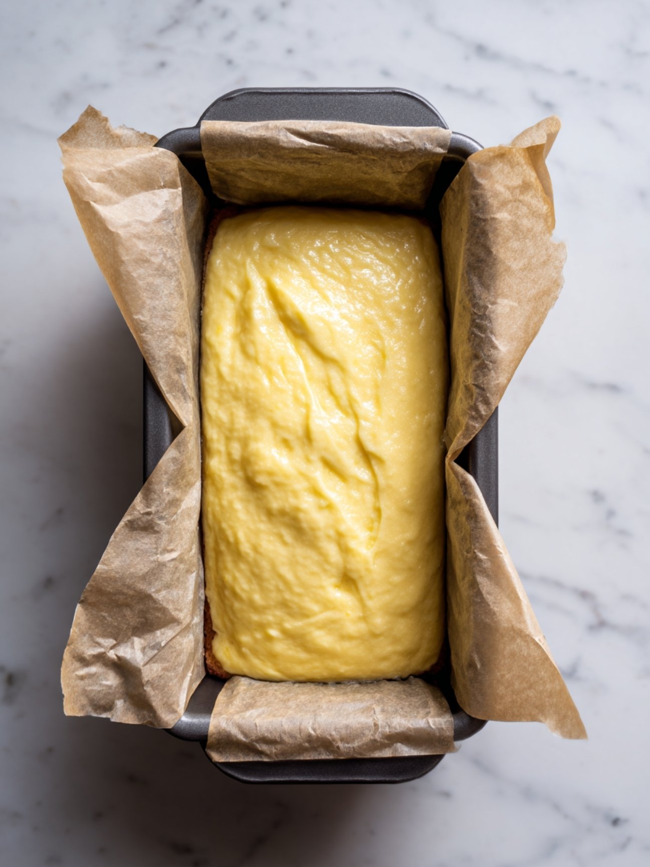 Pâte à gâteau dans un moule à cake avec papier cuisson.
