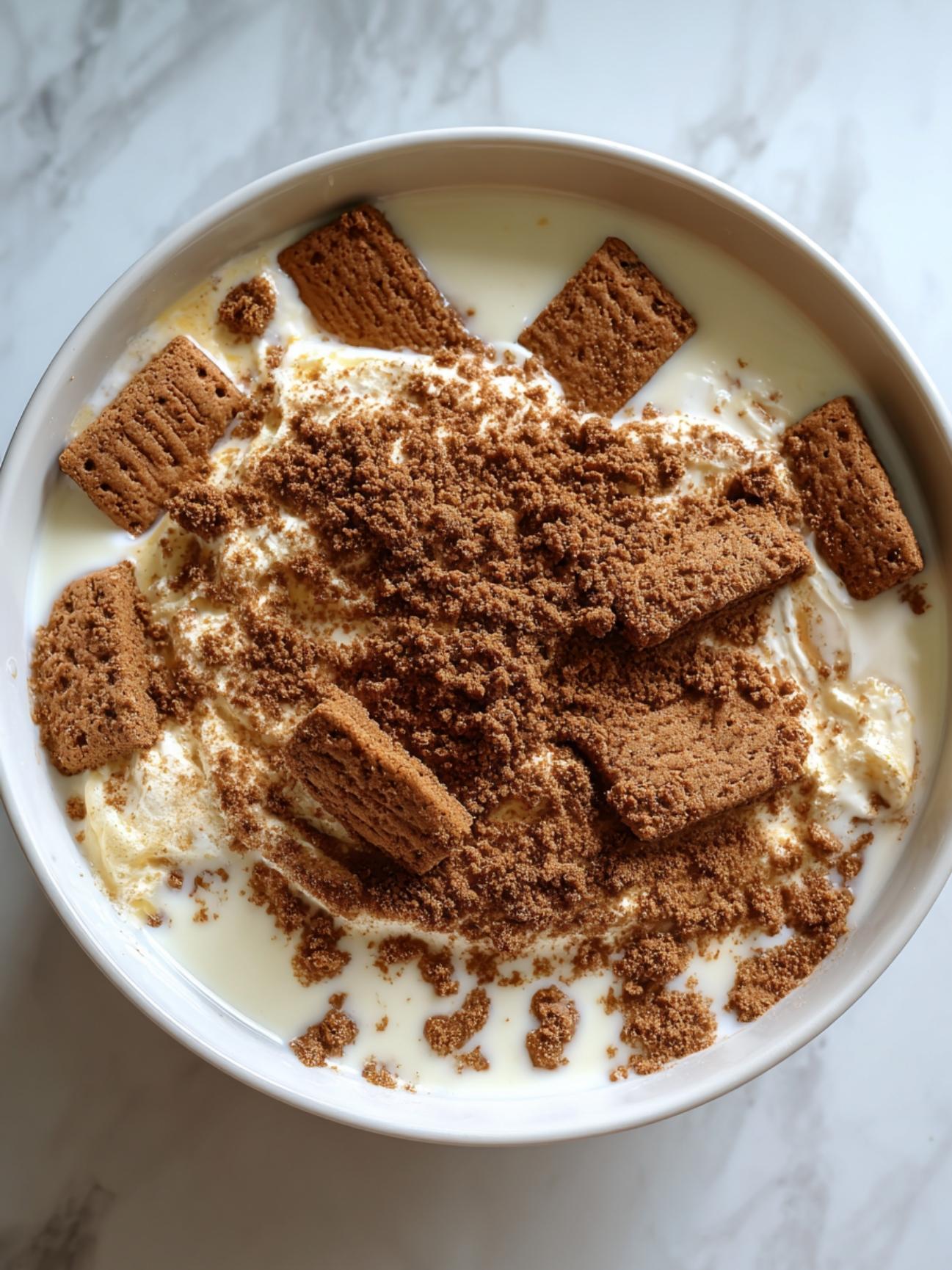 Biscuits speculoos entiers et émiettés trempés dans un bol de lait pour le montage du tiramisu.
