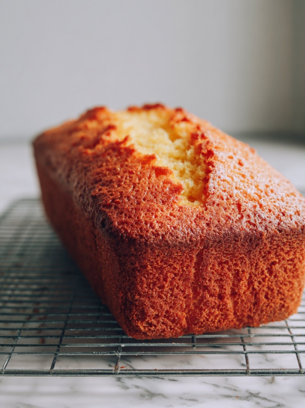 Cake au citron fait maison sorti du four, bien gonflé et fendu.