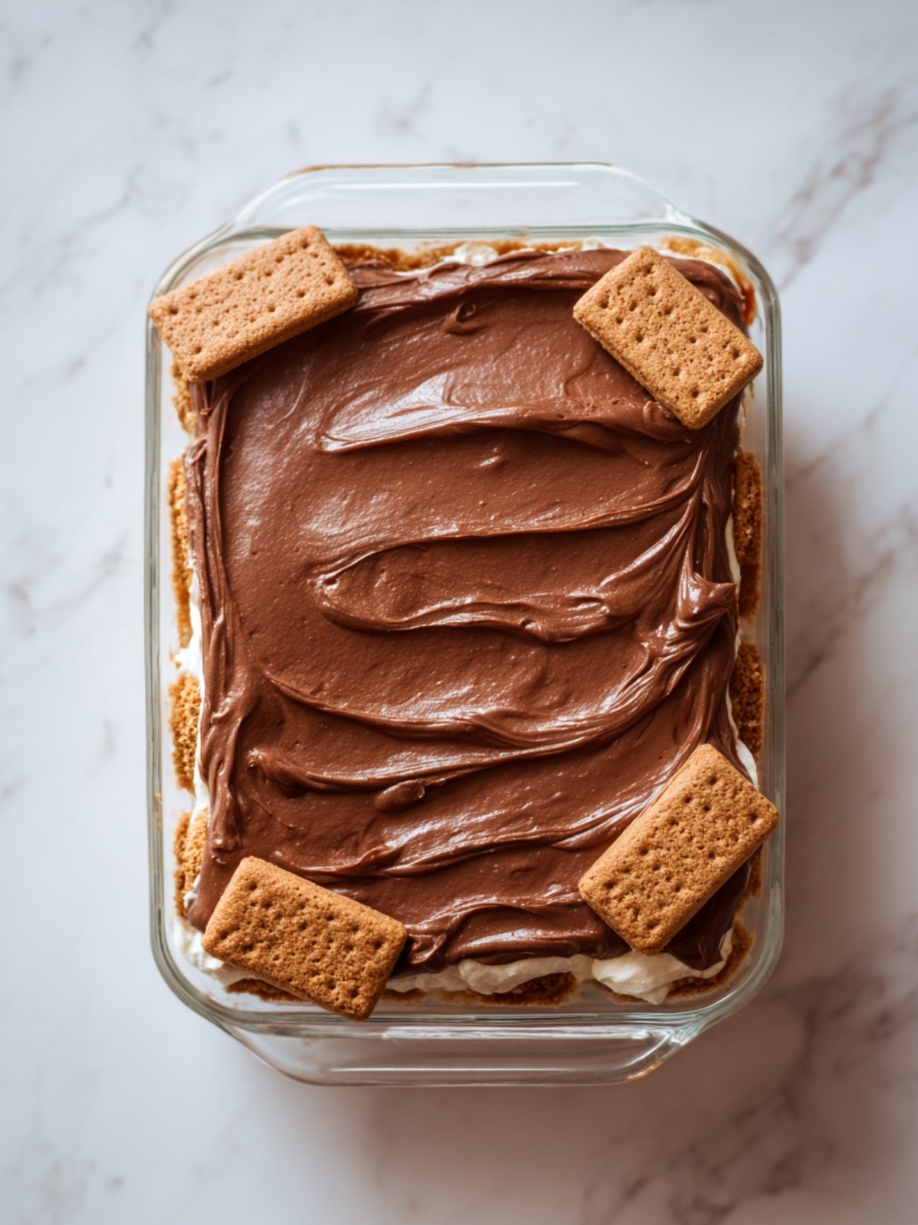 Montage du tiramisu avec une couche de Nutella fondu étalée sur les biscuits speculoos.