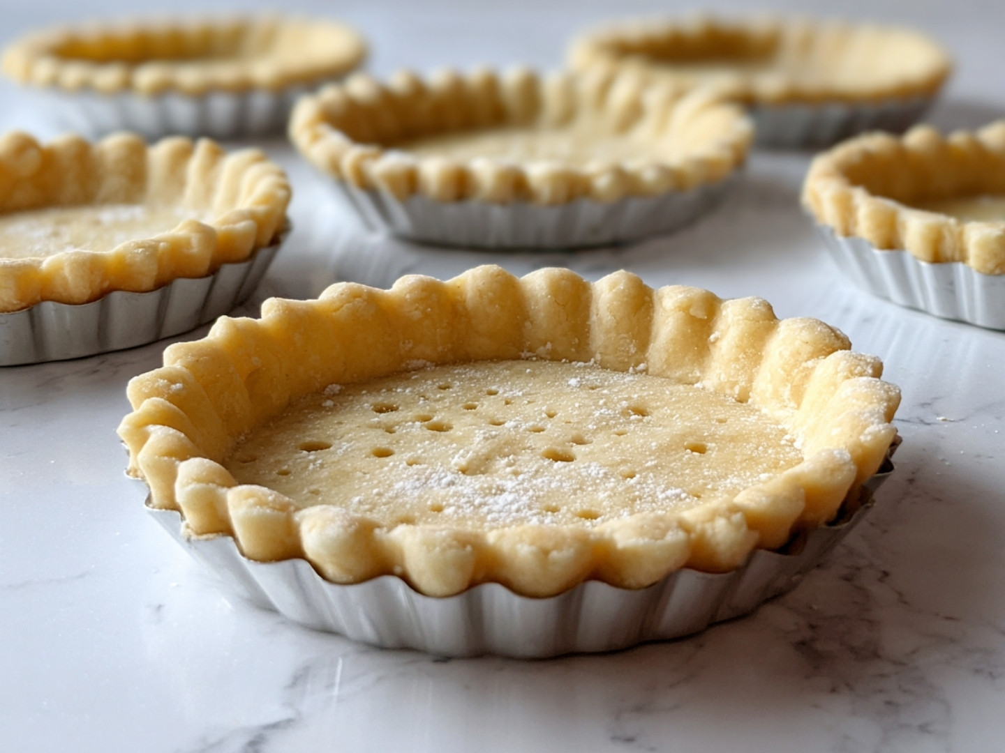 Fonds de tartelettes en pâte sablée piqués à la fourchette avant cuisson.