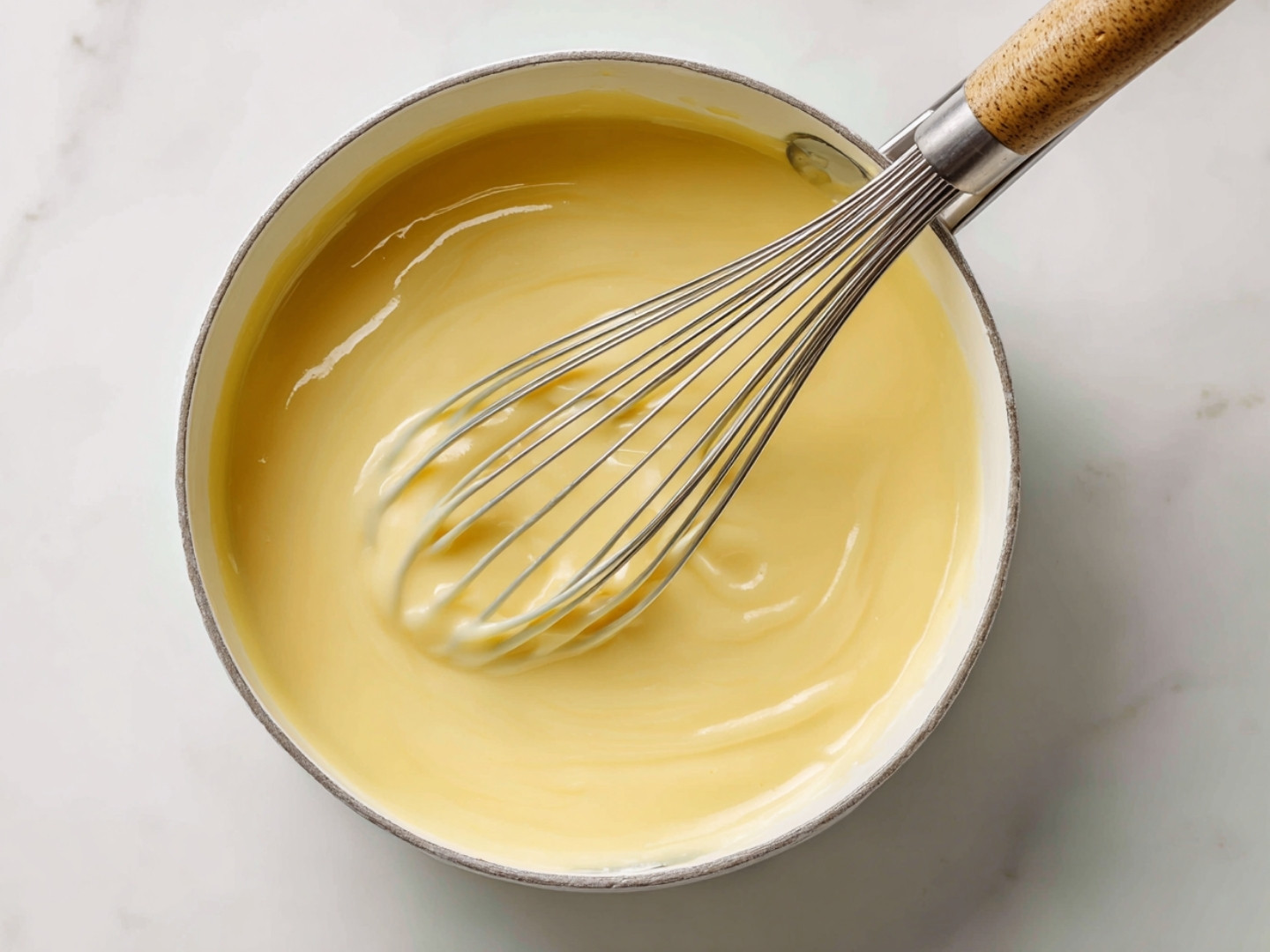 Préparation de la crème au citron jaune vif au fouet dans une casserole.