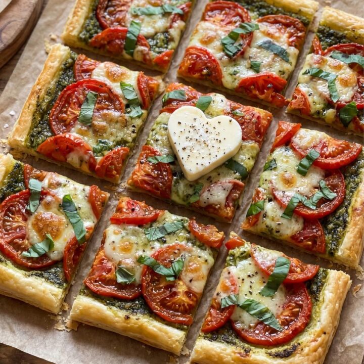 Tarte fine tomate croustillante coupée en parts carrées pour l'apéritif