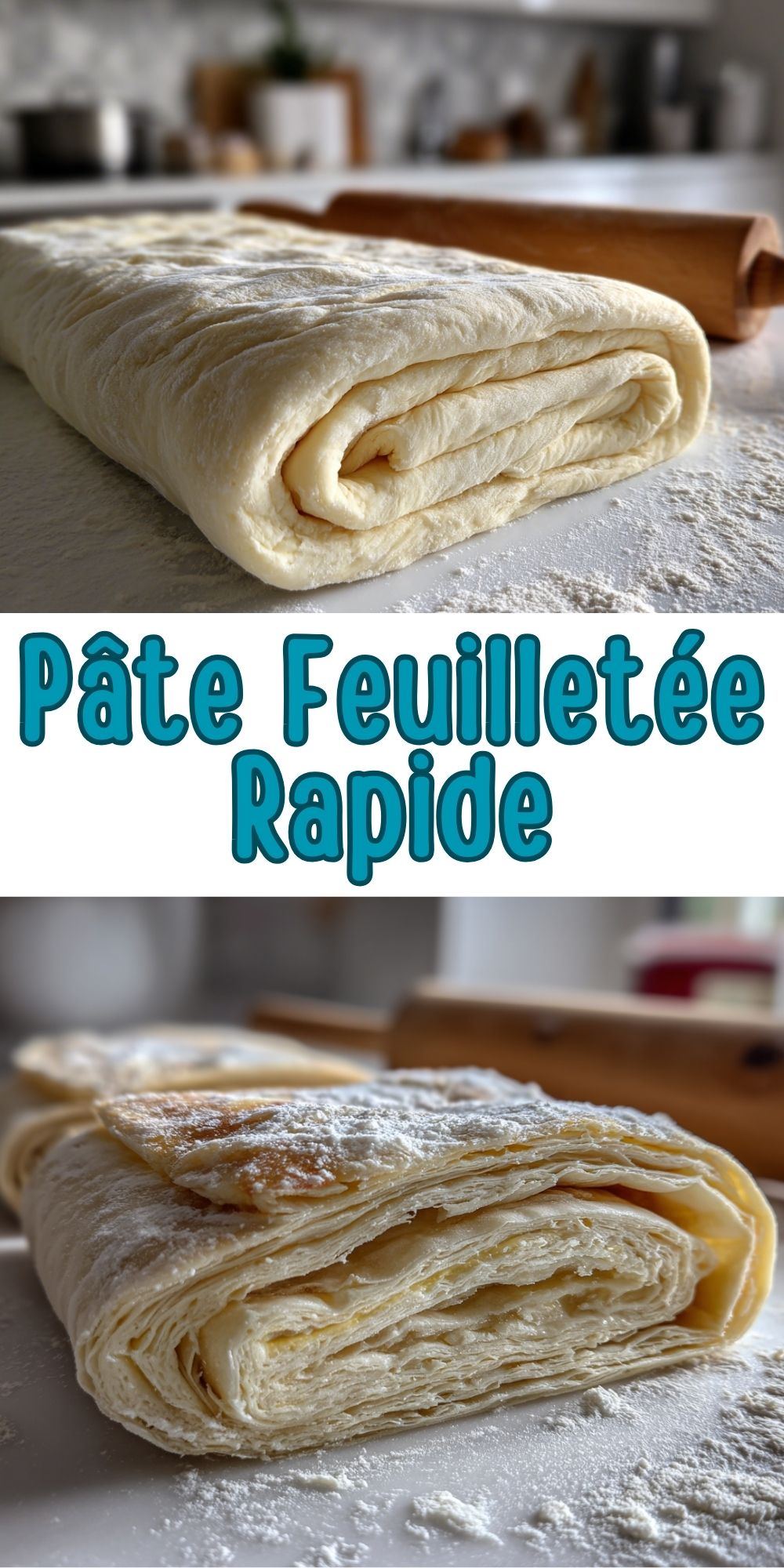 Gros plan d'un pâton de pâte feuilletée brute plié en trois sur un plan de travail fariné avec un rouleau à pâtisserie en arrière-plan.