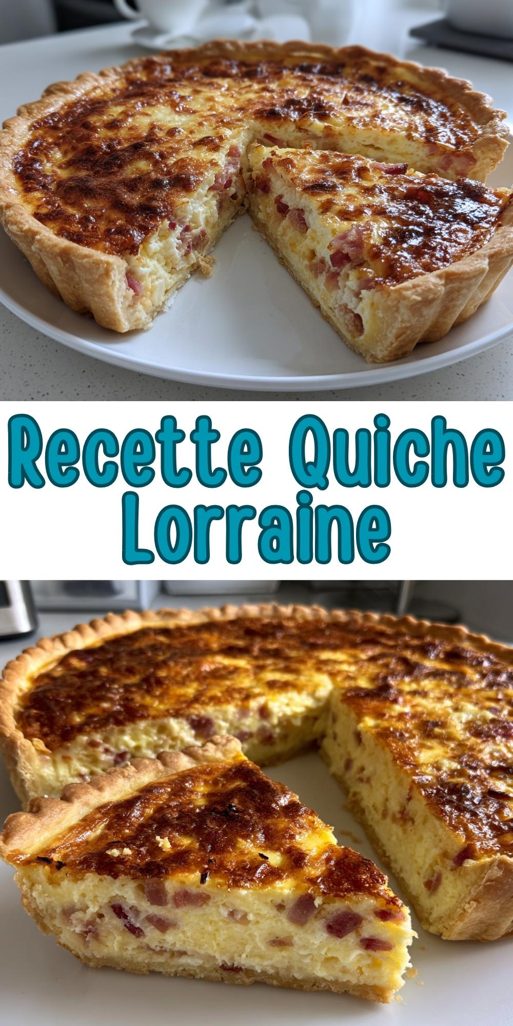 Vue d'ensemble d'une quiche lorraine dorée dans une assiette blanche, avec une part découpée laissant apparaître une garniture onctueuse aux lardons.